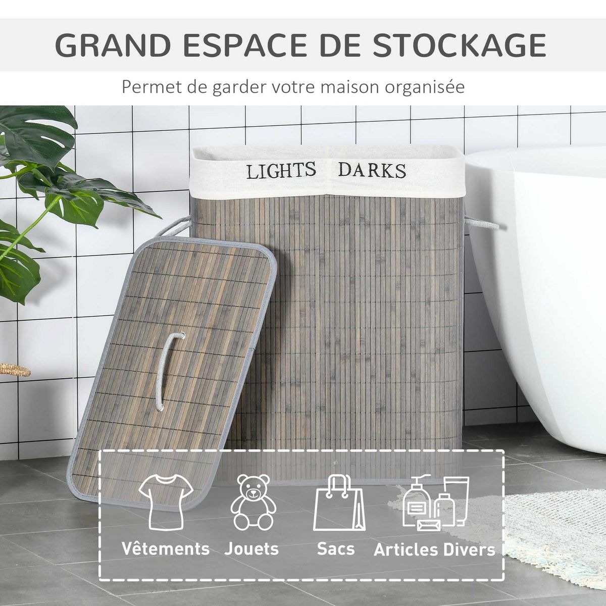 HOMCOM Panier à linge corbeille à linge 2 bacs bambou pliable couvercle poignée sac amovible en toile gris