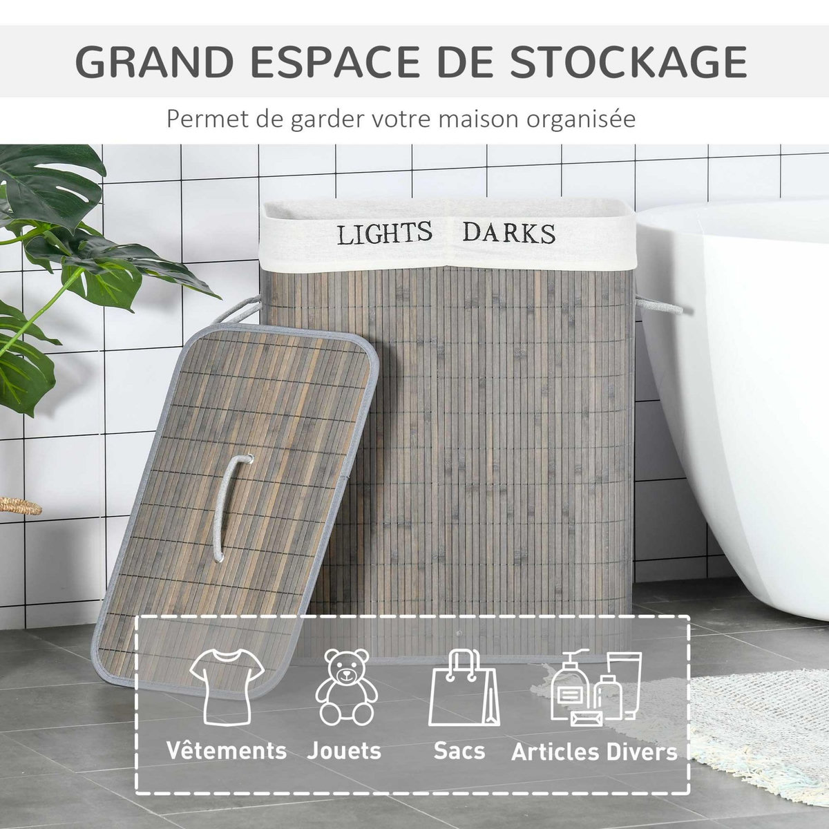 HOMCOM Panier à linge corbeille à linge 2 bacs bambou pliable couvercle poignée sac amovible en toile gris