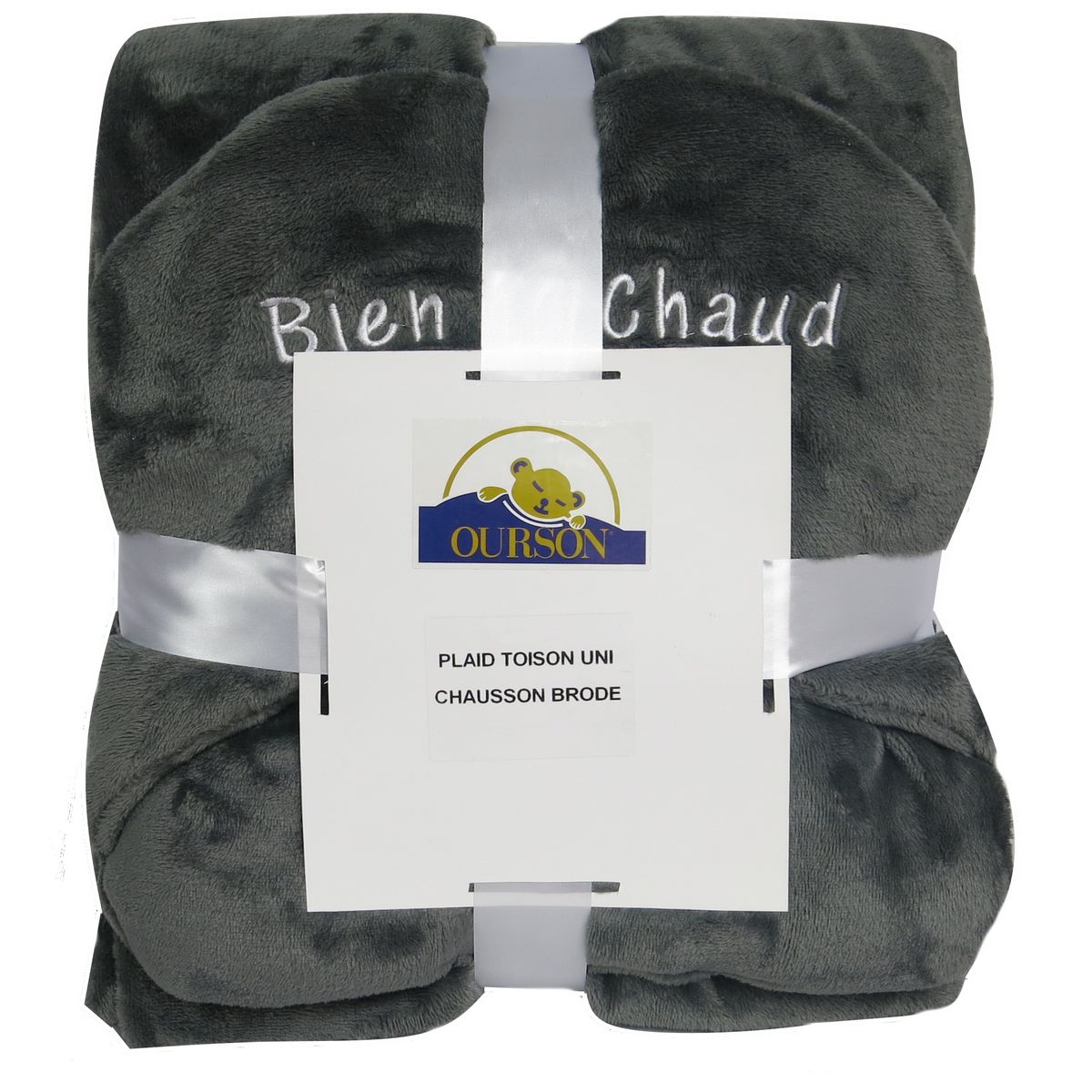 Plaid + chausson brodé uni BIEN AU CHAUD