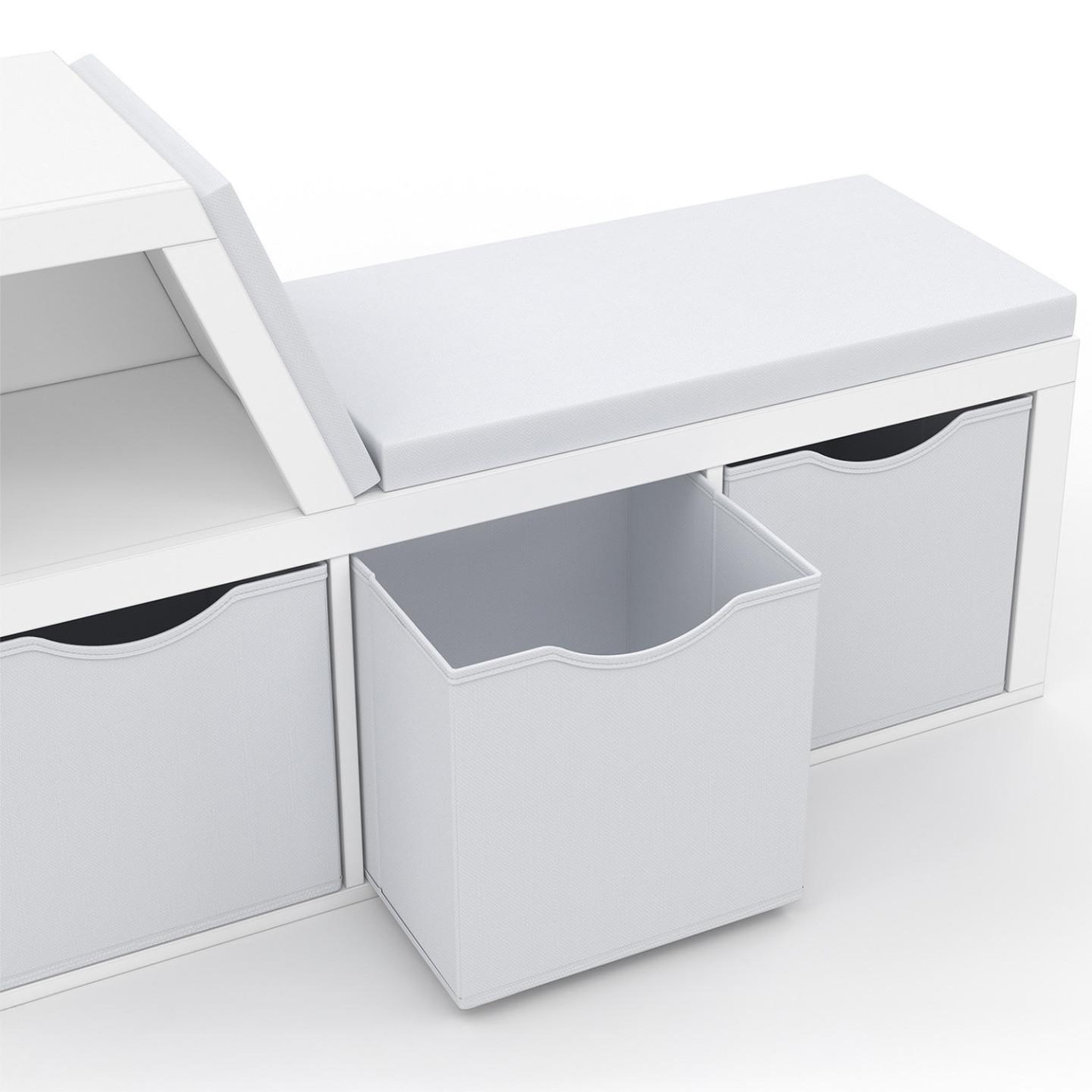 Voir la diapositive 5 : ID MARKET Bibliothèque banc oscar 4 cases avec coussins gris et bacs tissus 102 cm blanc