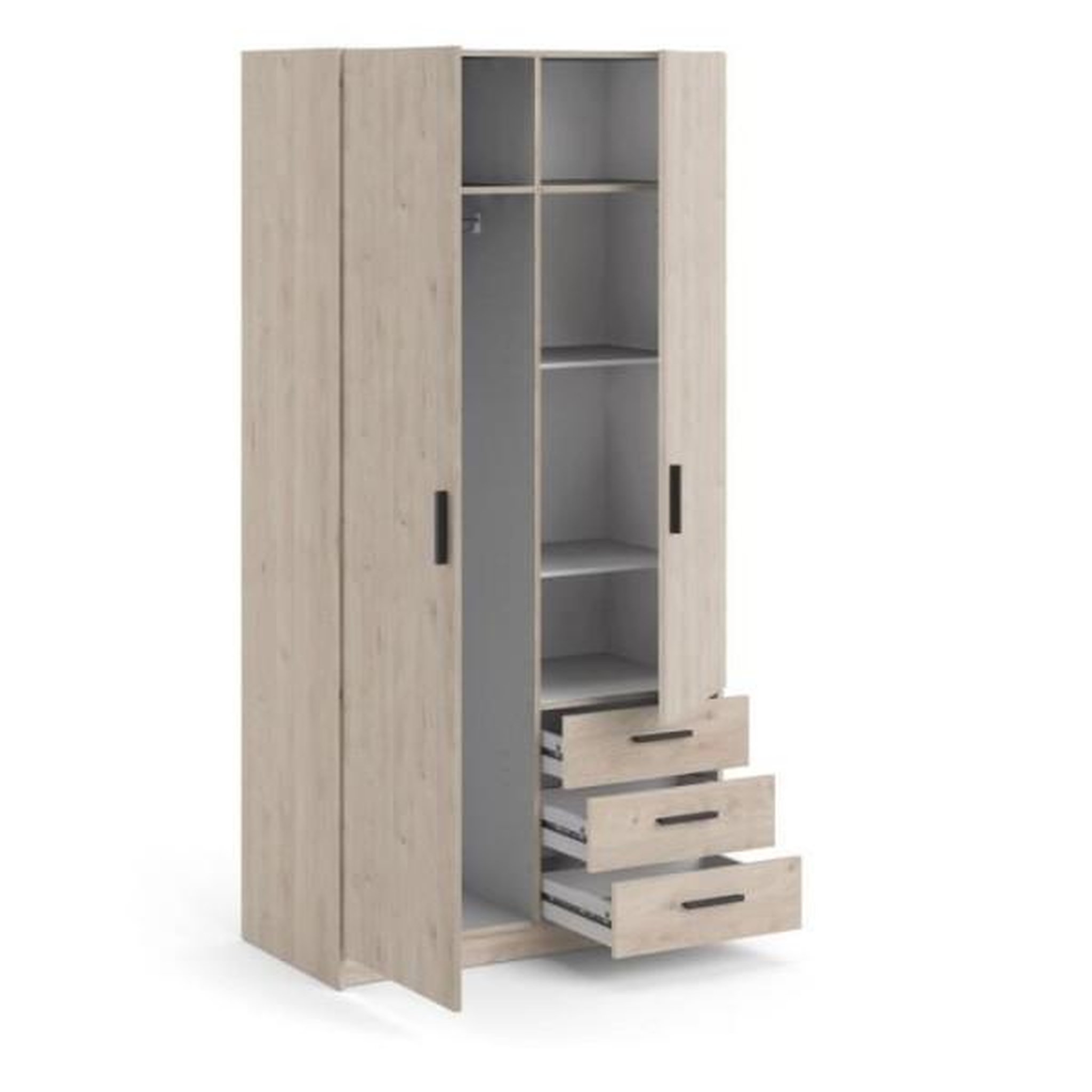 Voir la diapositive 4 : TVILUM Armoire VEGA - Décor chene - 2 portes + 3 tiroirs - L 98,5 x P 49,6 x H 200,4 cm