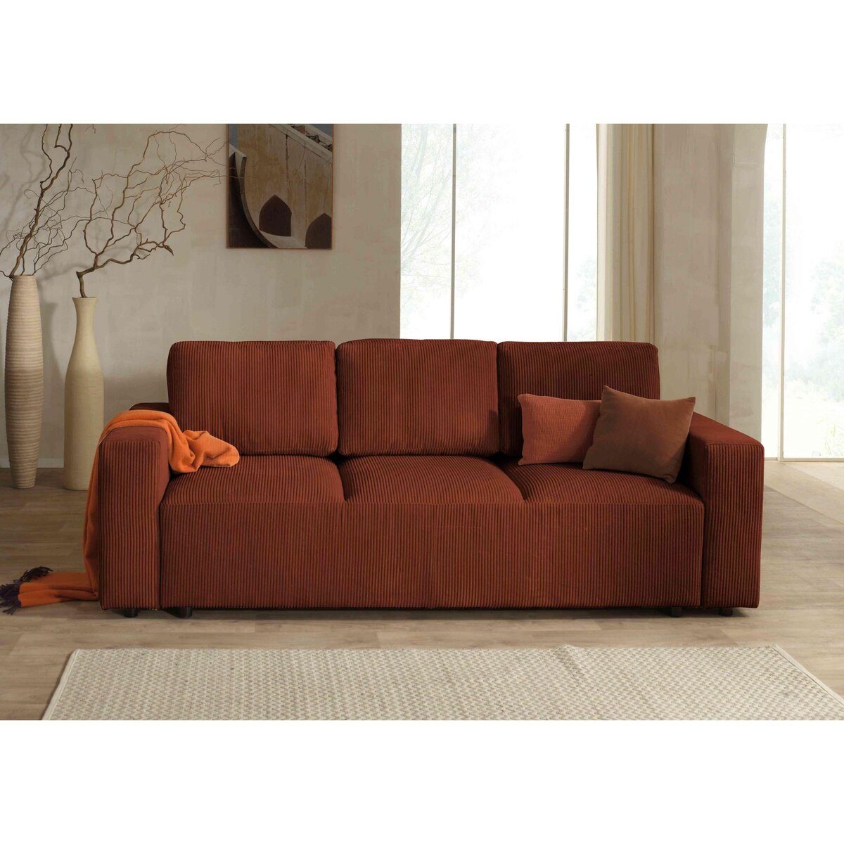 LISA DESIGN Livy - canapé droit convertible - avec coffre - en velours côtelé - 3 places