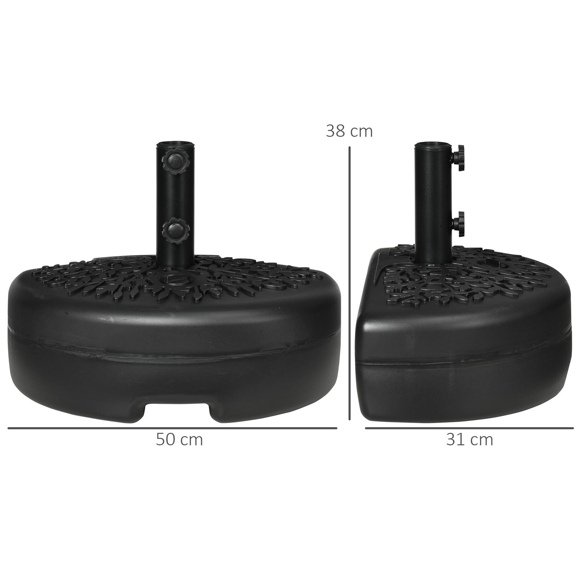 Voir la diapositive 3 : OUTSUNNY Pied de parasol demi-round à remplir avec 18 kg d'eau / 21 kg de sable - pour mât de Ø 38-48 mm - 50 x 31 x 38cm - noir
