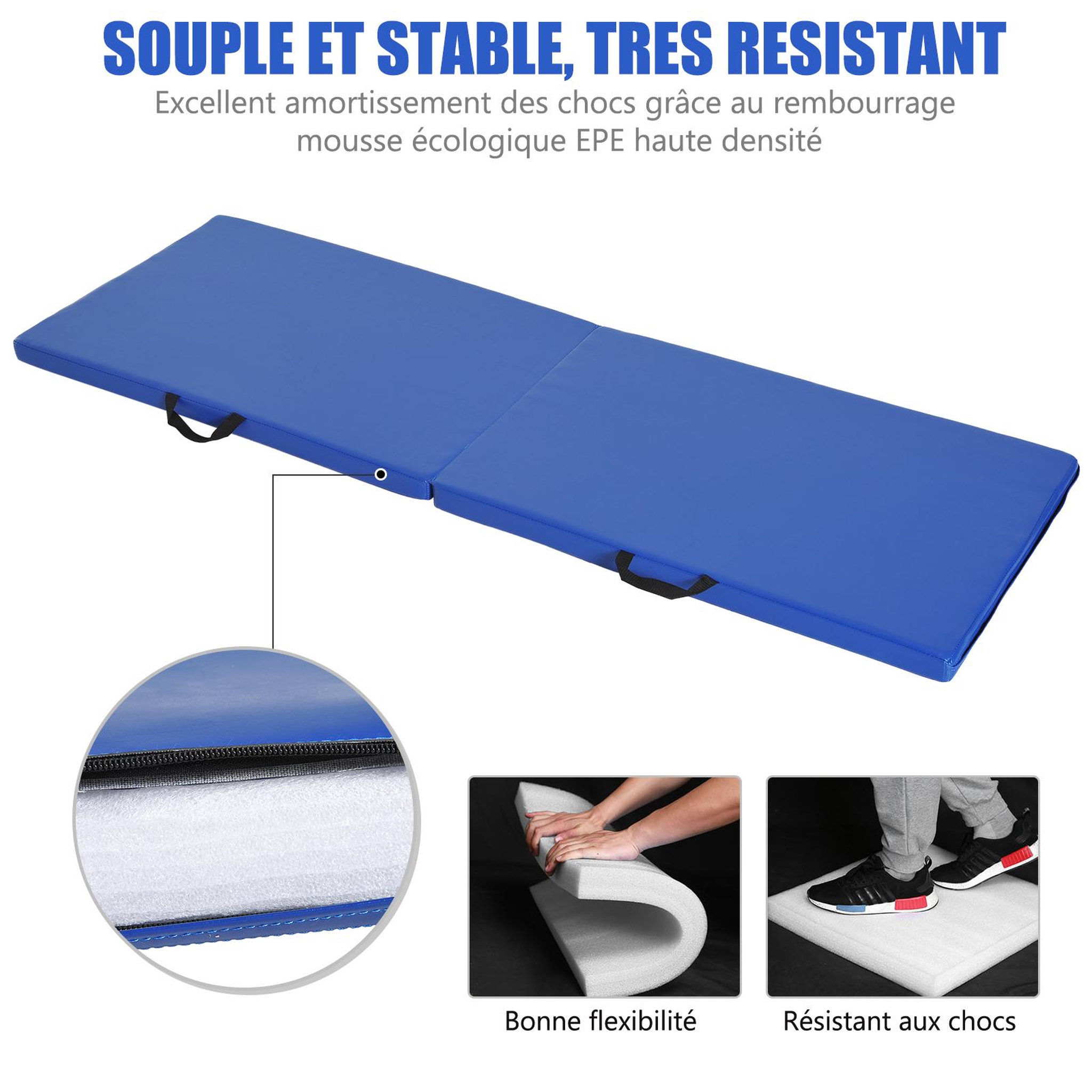 Voir la diapositive 6 : HOMCOM Tapis de gymnastique yoga pilates fitness pliable portable grand confort 180l x 60l x 5h cm revêtement synthétique bleu