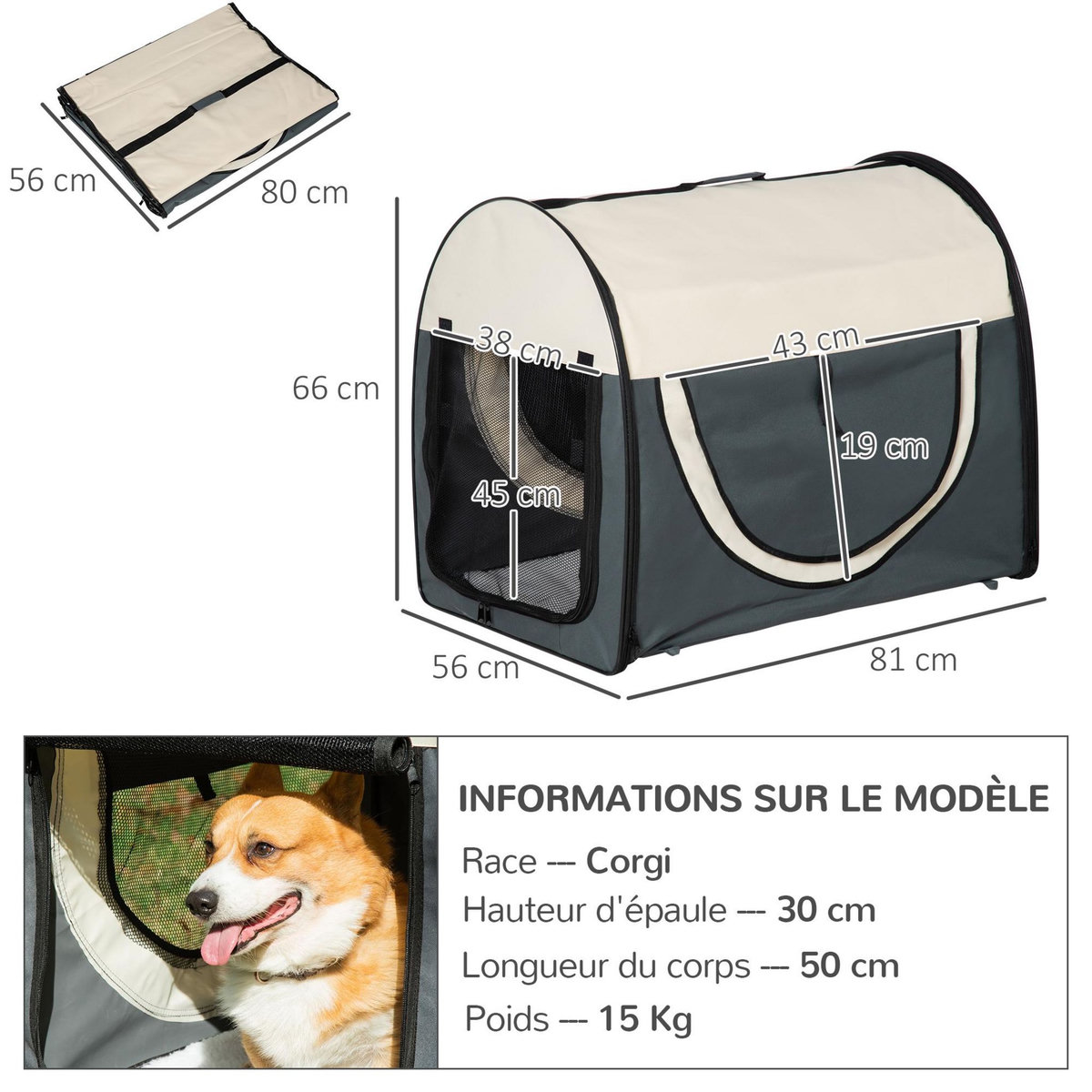 PAWHUT Sac de transport pliable chien chat - poignée, porte, 3 fenêtres, coussin - gris beige