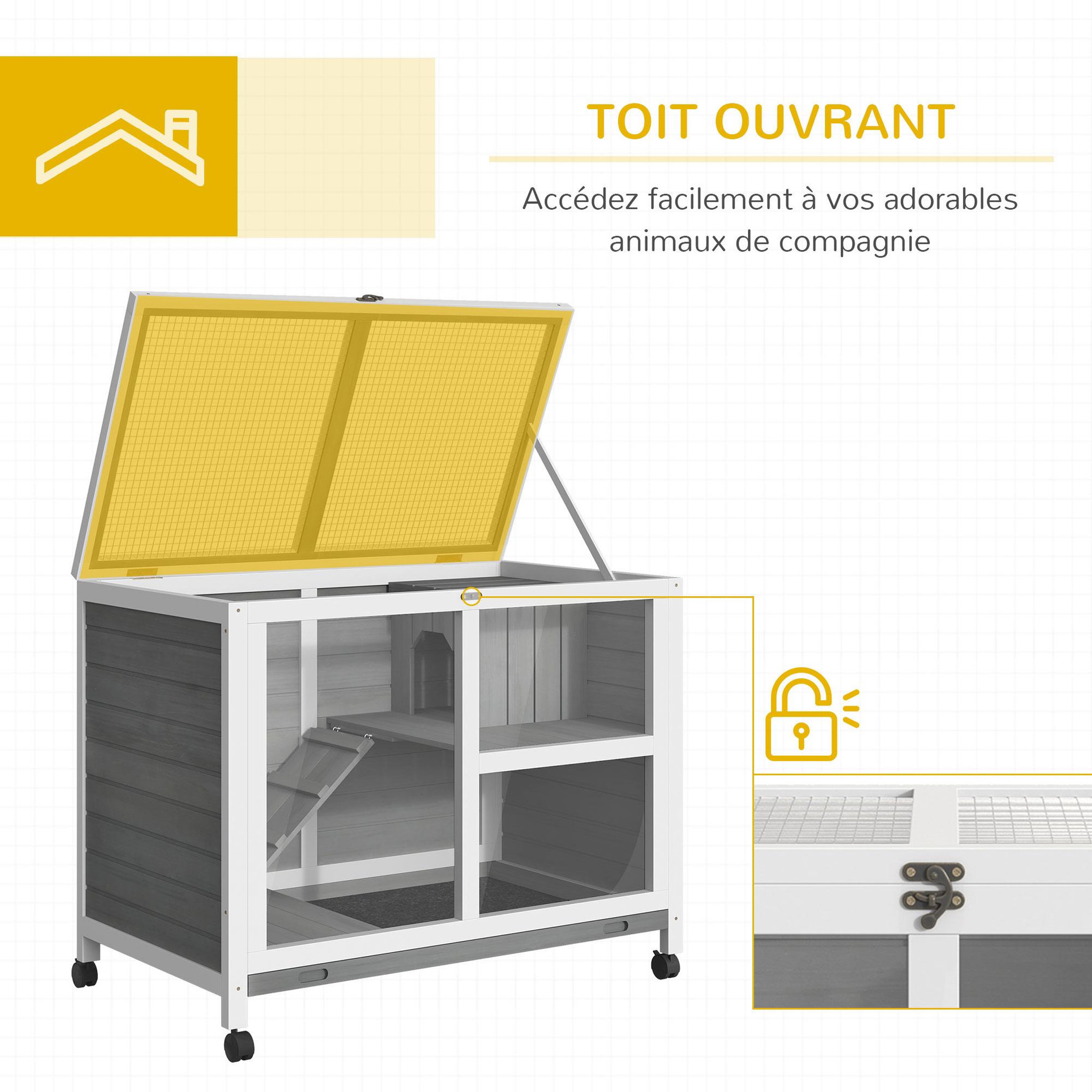 Voir la diapositive 5 : PAWHUT Clapier à lapin sur roulettes cage à lapin 2 niveaux toit ouvrant verrouillable plateau déjection coulissant rampe niche bois de sapin gris blanc