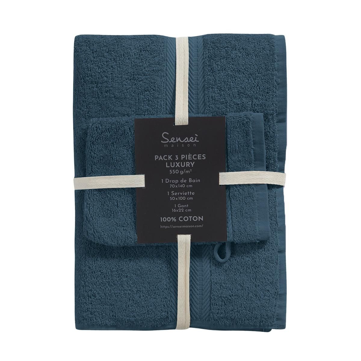 Sensei Maison Ensemble de bain 3 pièces (1 drap de bain + 1 serviette de toilette + 1 gant) LUXURY