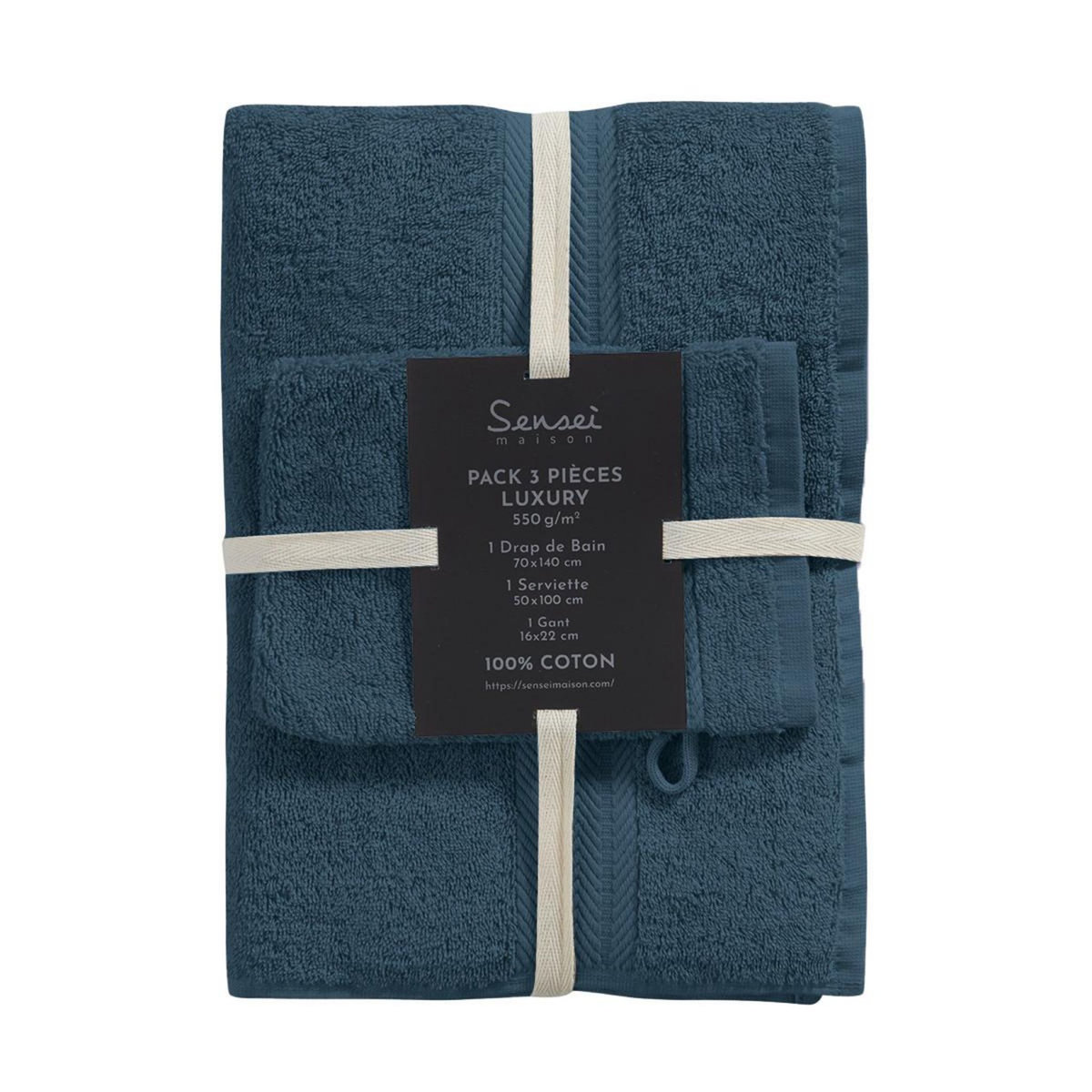 Sensei Maison Ensemble de bain 3 pièces (1 drap de bain + 1 serviette de toilette + 1 gant) LUXURY