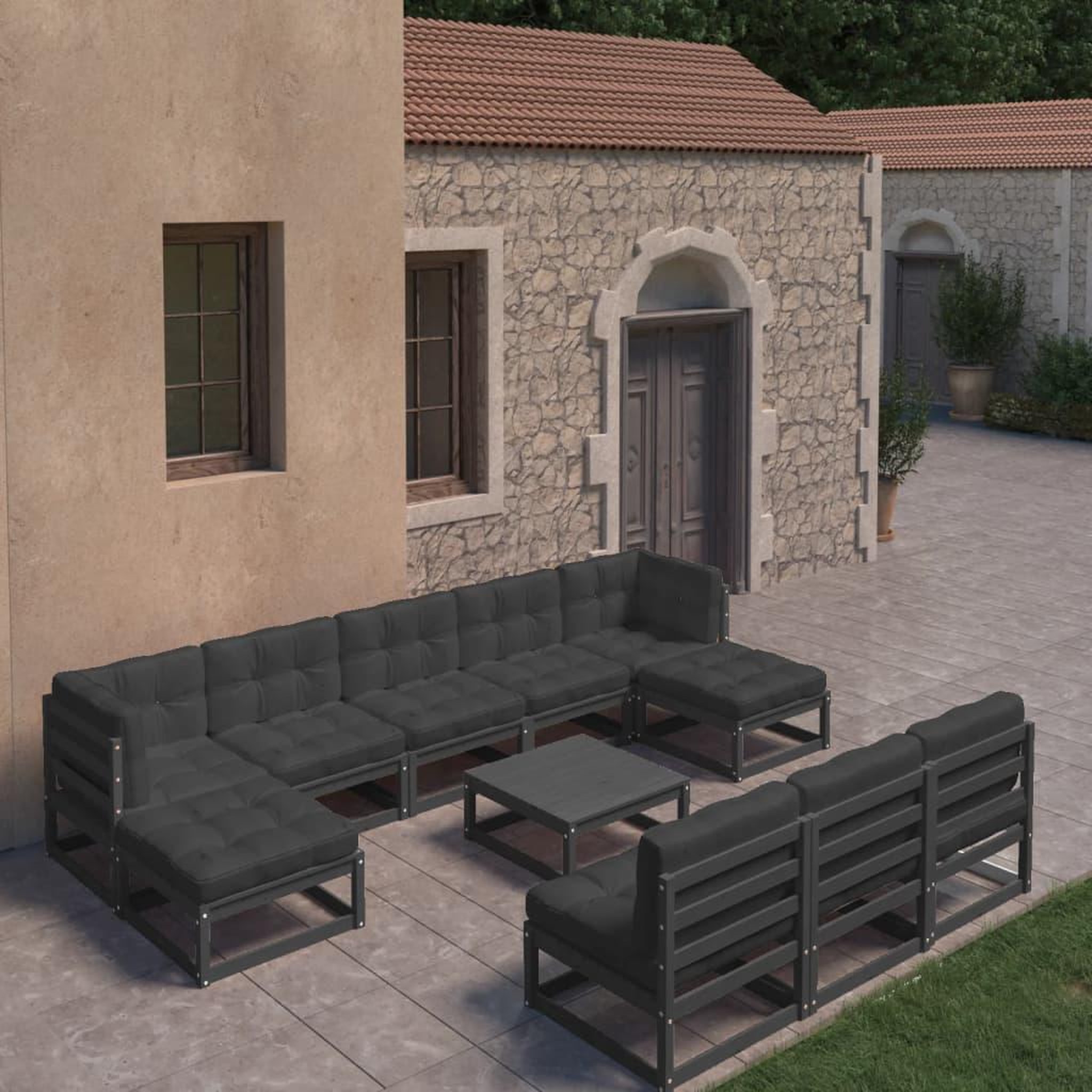 Voir la diapositive 1 : VIDAXL Salon de jardin 11 pcs avec coussins Noir Bois de pin massif