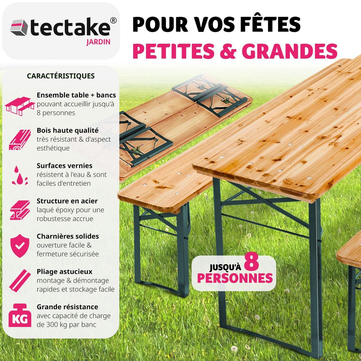 tectake Table de jardin pliante avec bancs marron