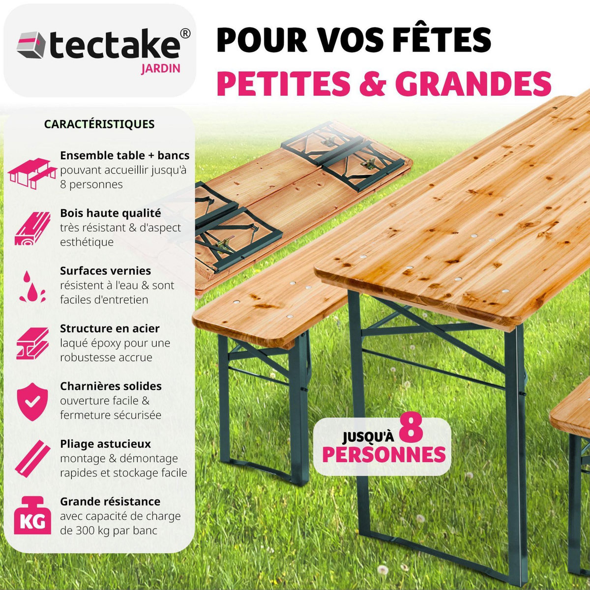 tectake Table de jardin pliante avec bancs marron