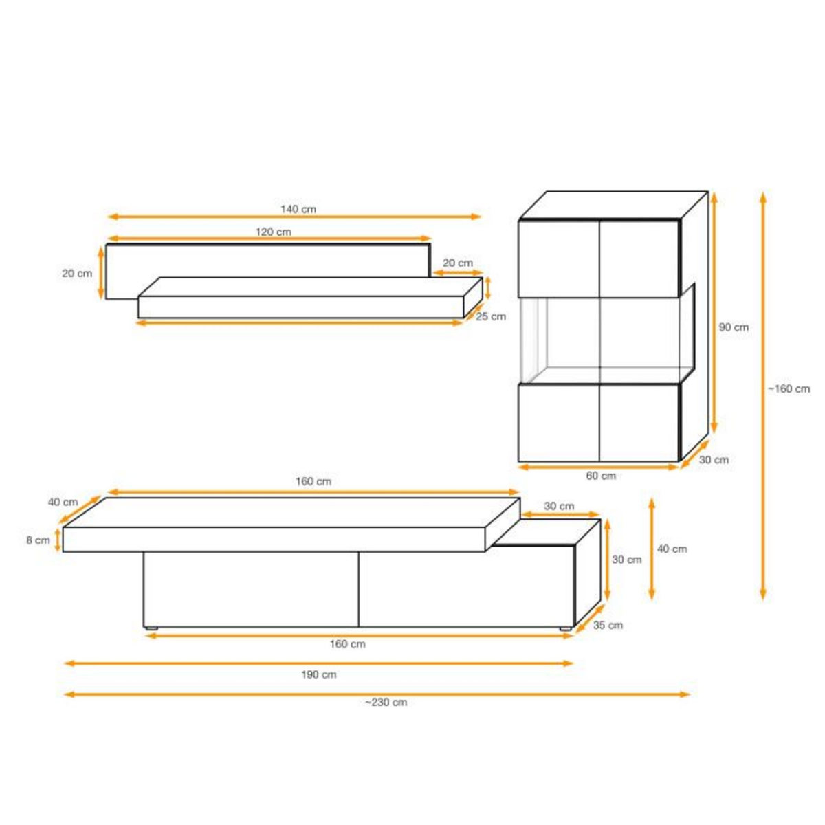 Paris Prix Ensemble Meuble TV  Concret  230cm Naturel & Gris