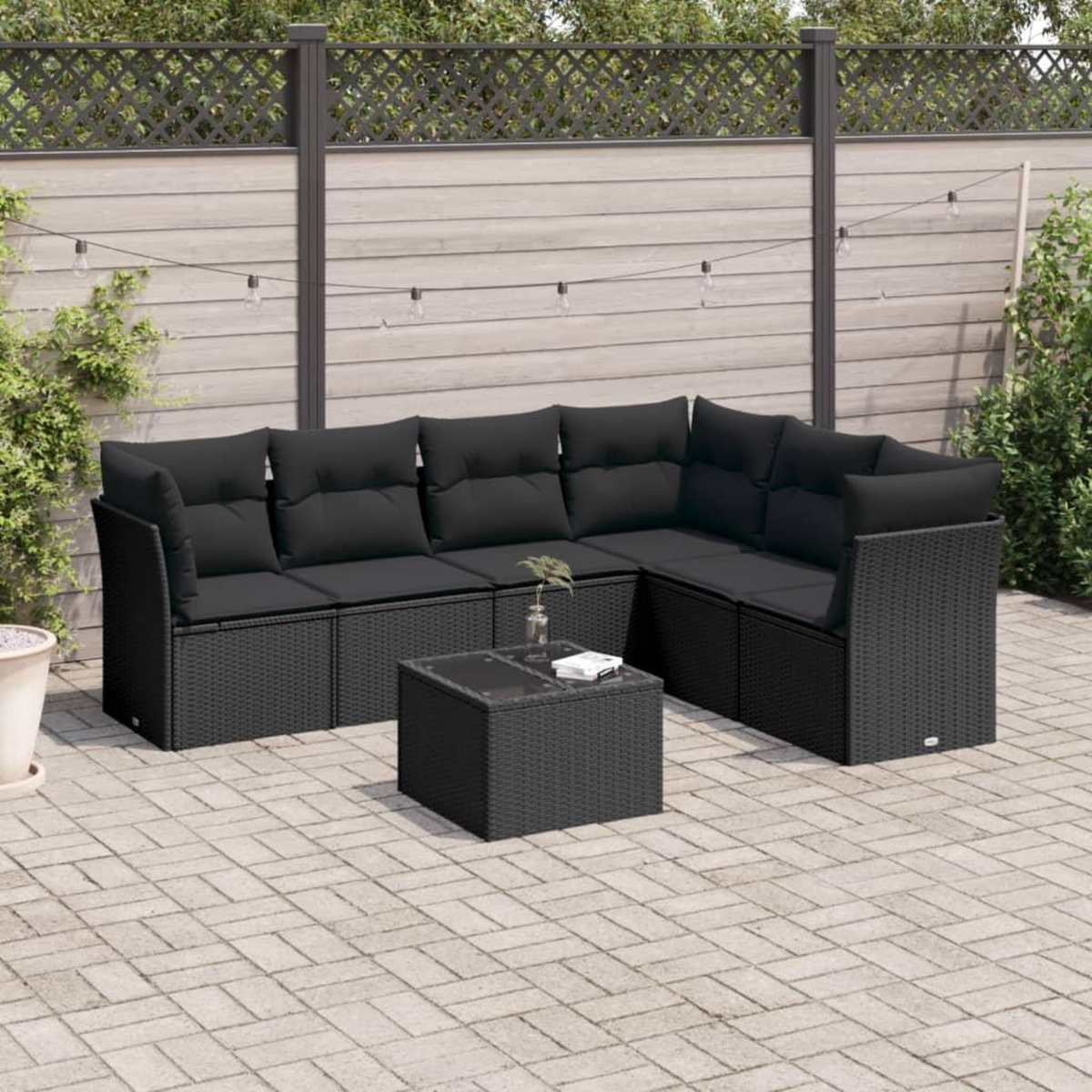 VIDAXL Salon de jardin 7 pcs avec coussins noir resine tressee