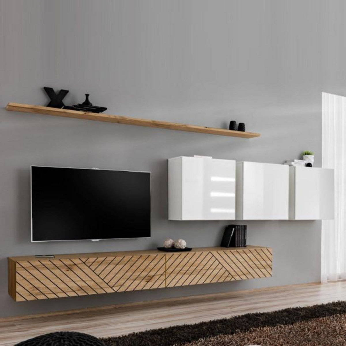 Paris Prix Ensemble Meuble TV  Switch Lamel VII  340cm Naturel & Blanc