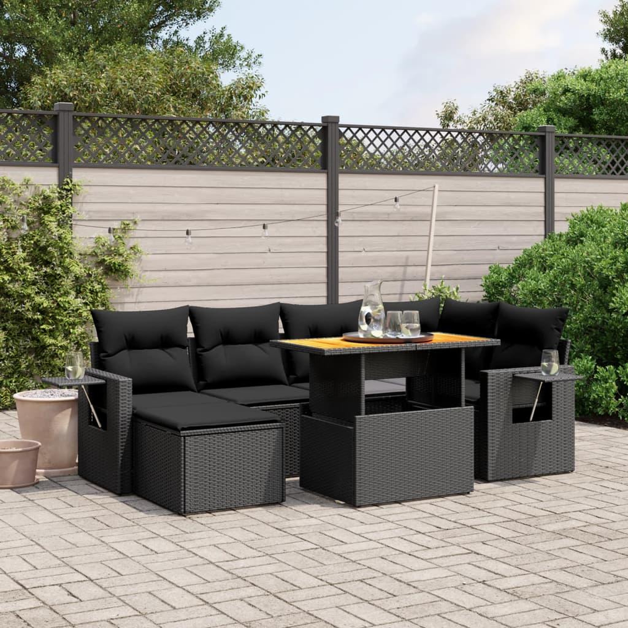 VIDAXL Salon de jardin 7 pcs avec coussins noir resine tressee