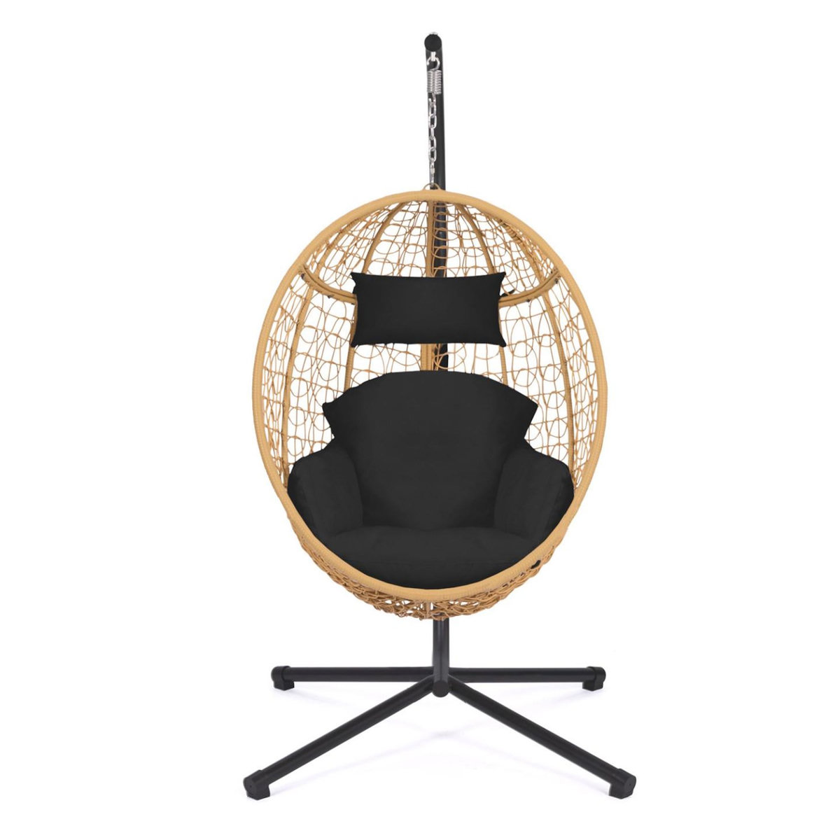 ID MARKET Fauteuil oeuf suspendu ajouré effet rotin avec coussin noir