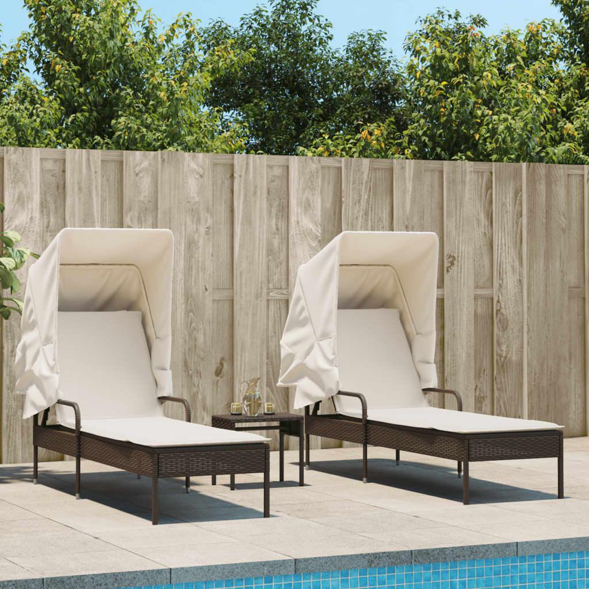 VIDAXL Chaises longues lot de 2 et auvents et table marron poly rotin