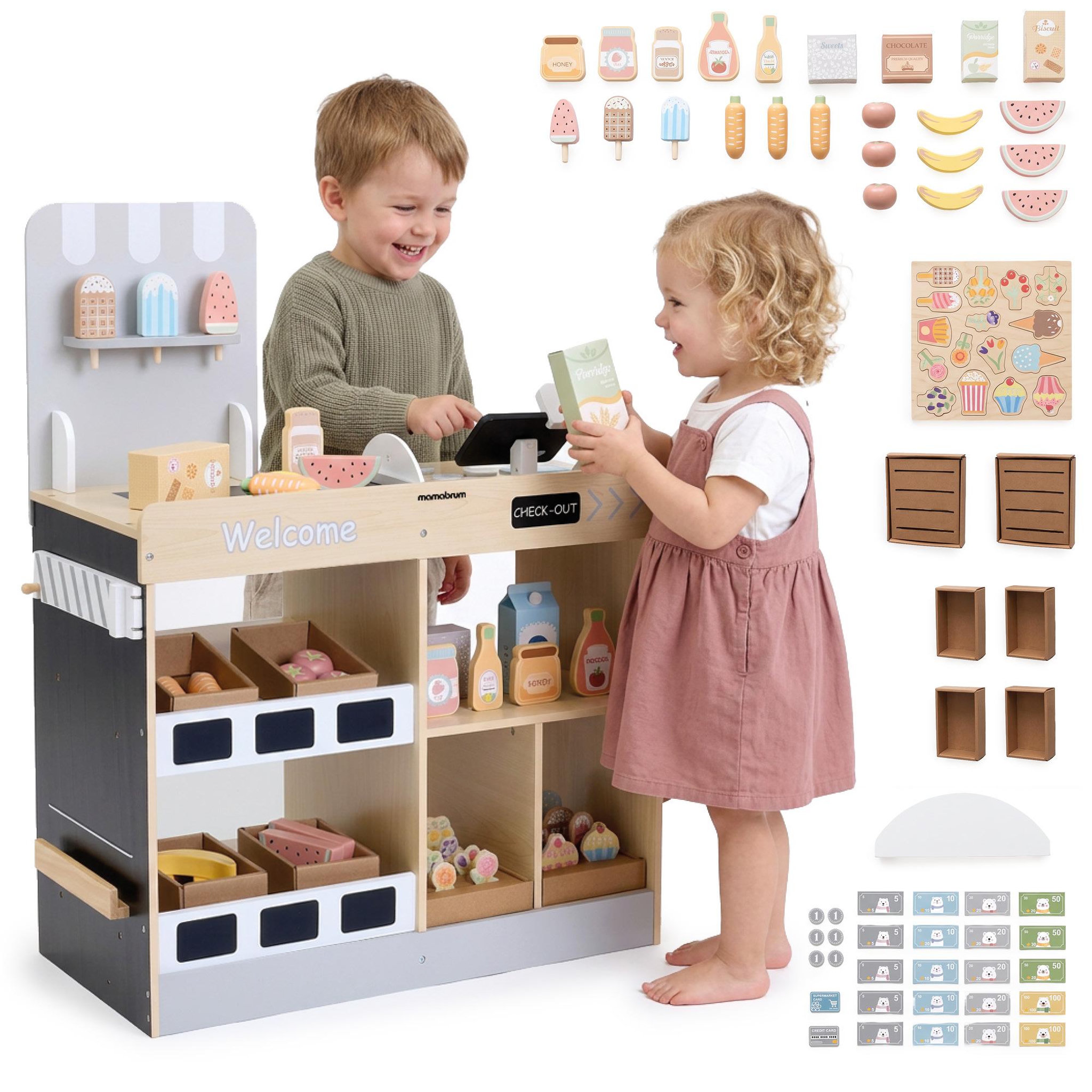 MAMABRUM Marchande Bois Enfant Mamabrum Sklep Jouet Caisse 60 Accessoires Supermarche 3 Ans