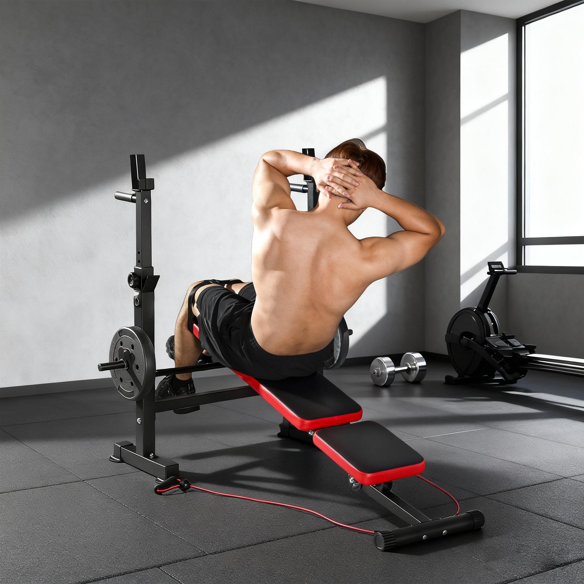 Voir la diapositive 4 : HOMCOM Banc de musculation réglable - support de barre, poignées à dips, bandes de résistance - rouge noir