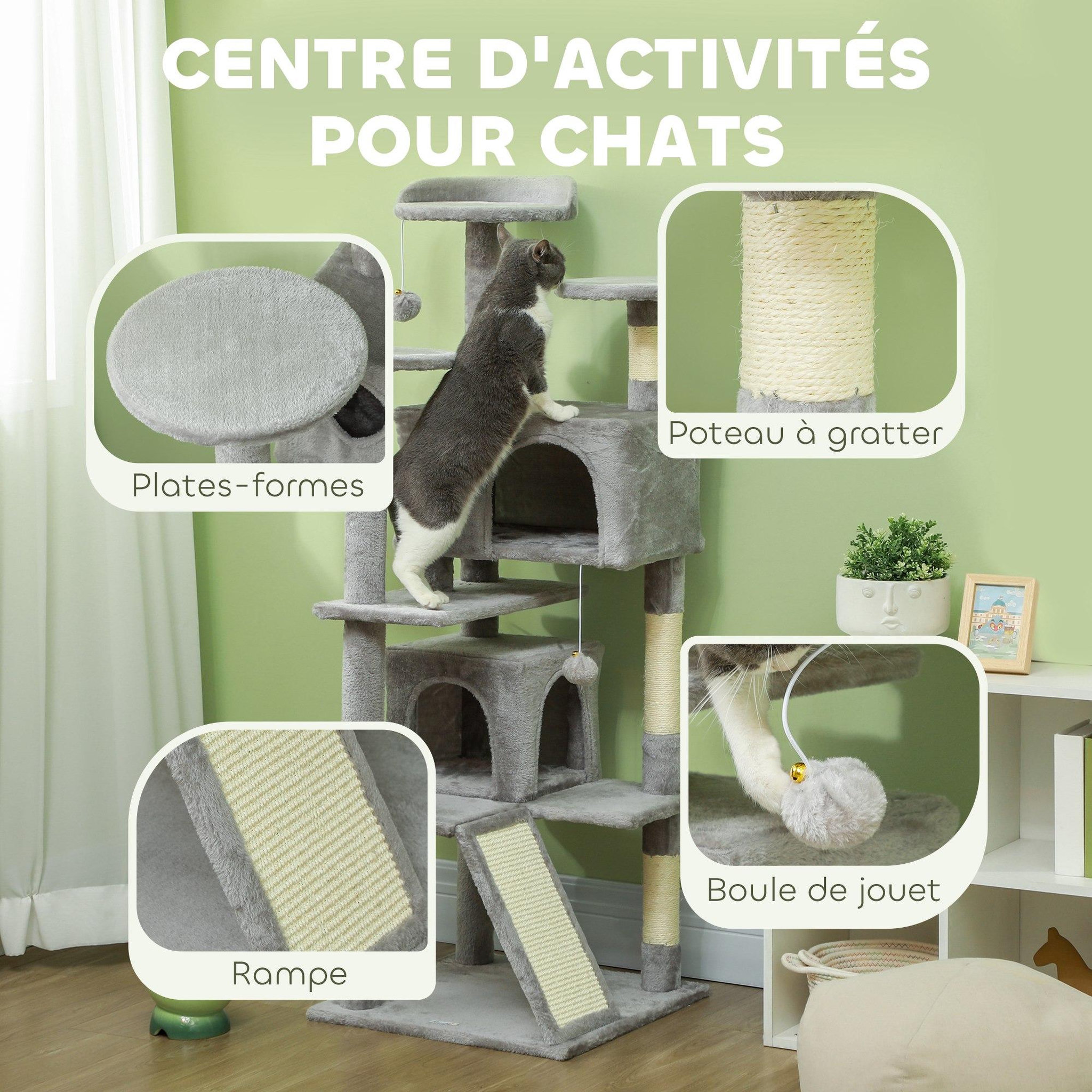Voir la diapositive 5 : PAWHUT Arbre à chat 2 niches grattoir griffoirs plate-formes 2 niches 2 jouets pompons peluche grise