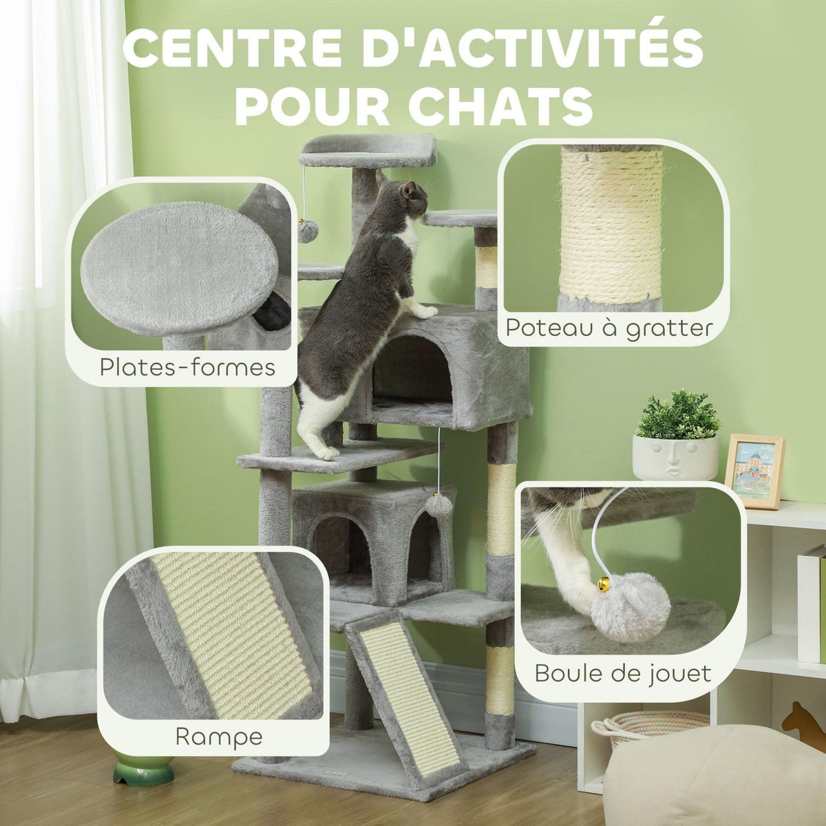 PAWHUT Arbre à chat 2 niches grattoir griffoirs plate-formes 2 niches 2 jouets pompons peluche grise