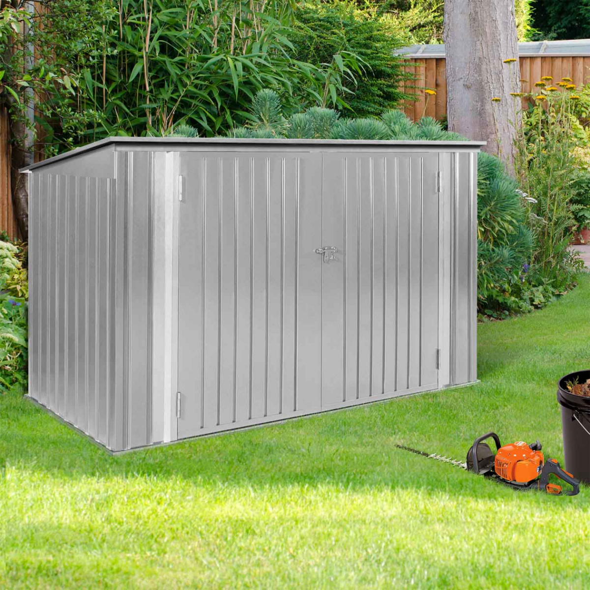 ID MARKET Abri de jardin en métal gris clair verrouillable multi-rangement stockage vélos, outils, poubelles