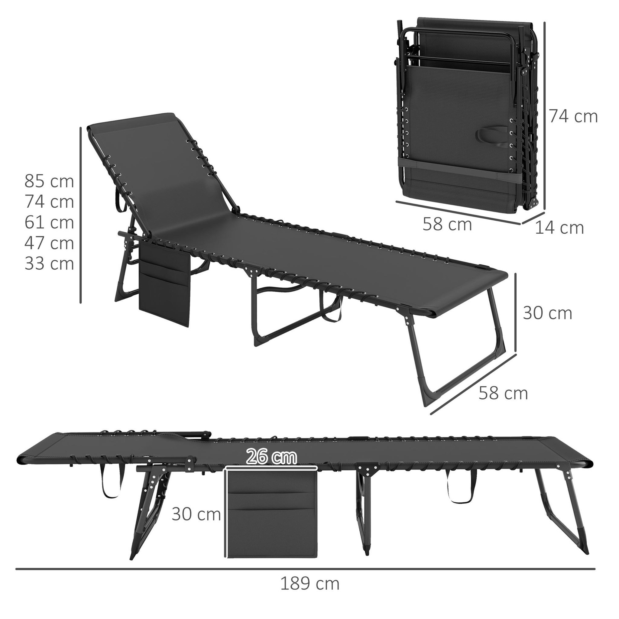 Voir la diapositive 3 : OUTSUNNY Bain de soleil transat pliable inclinable avec poignée, pochette rangement et matelas grand confort noir