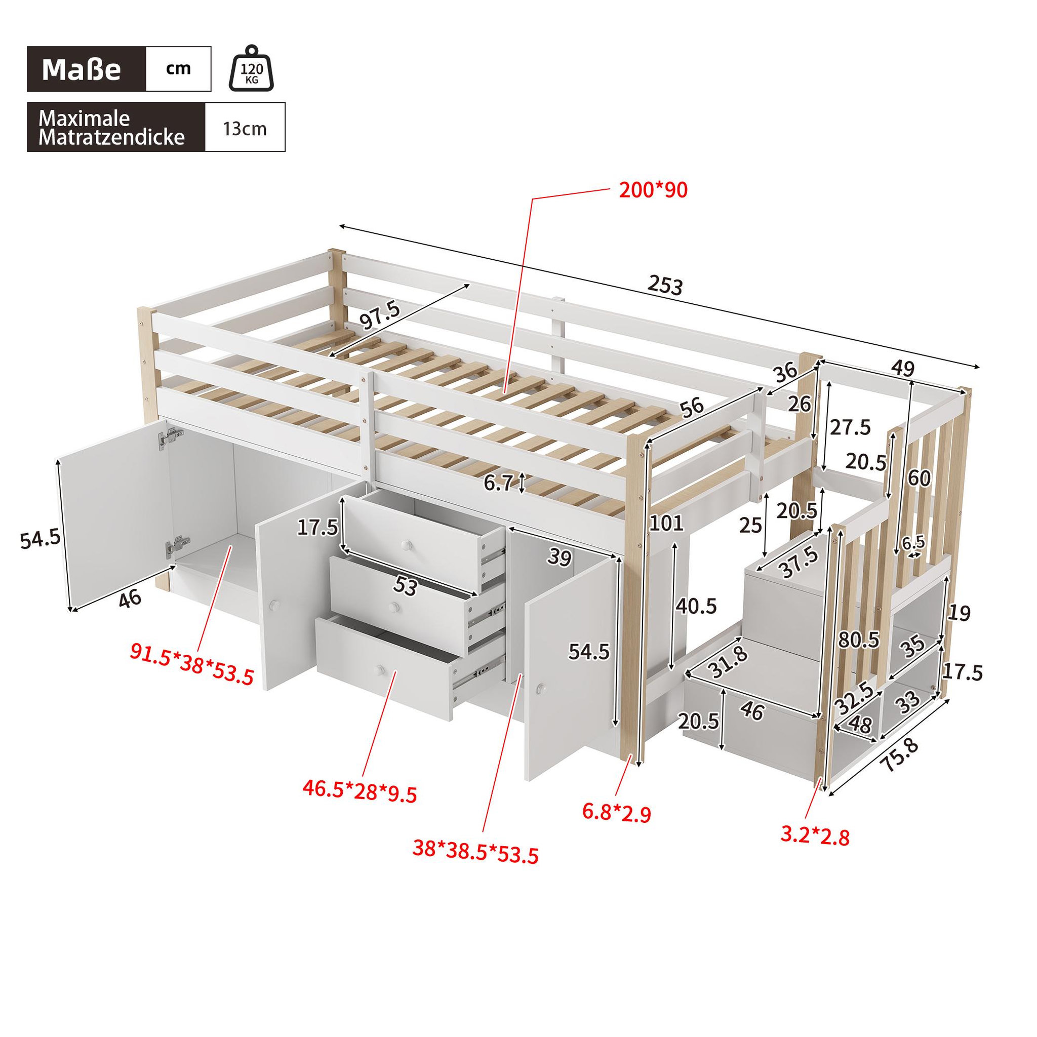 Voir la diapositive 3 : MERAX Lit combiné enfant mi hauteur 90x200cm mdf coloris blanc
