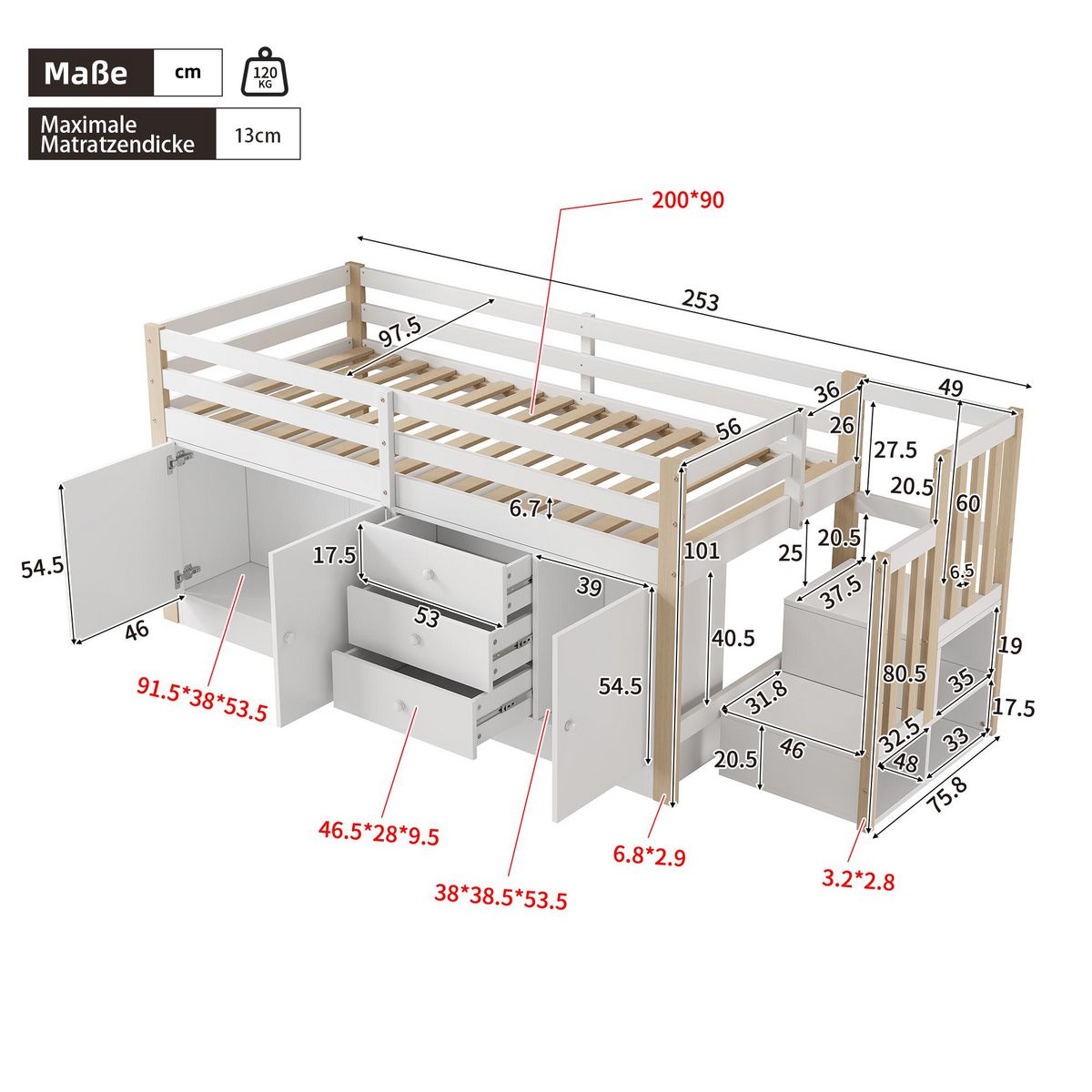 MERAX Lit combiné enfant mi hauteur 90x200cm mdf coloris blanc