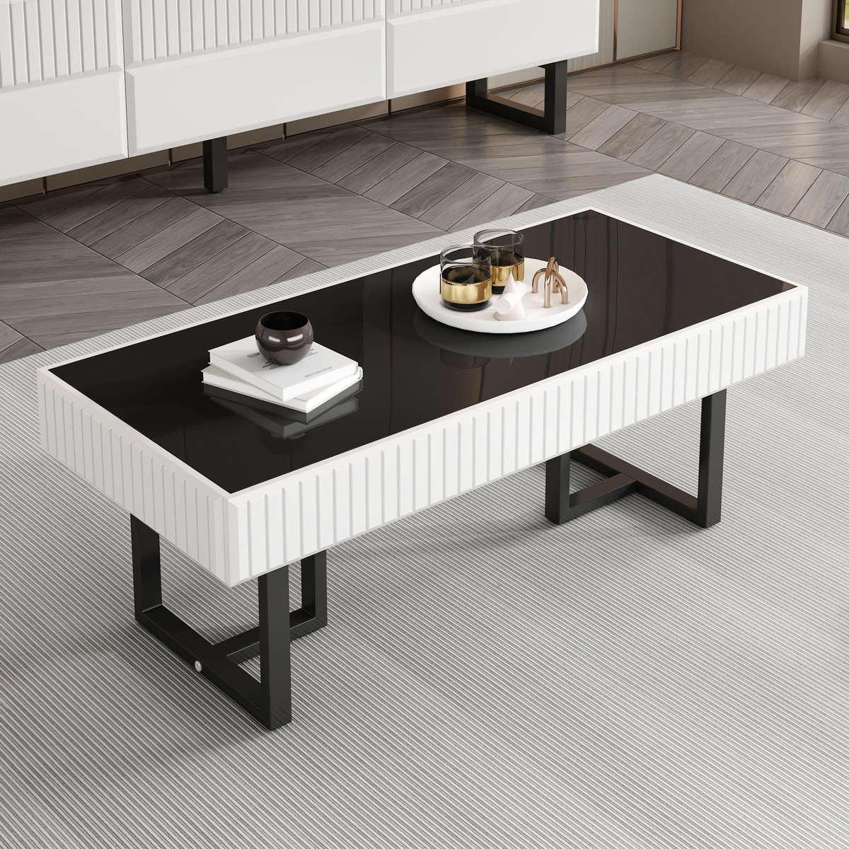 MERAX Table basse rectangulaire blanc+noir - 50,5x110 cm mdf