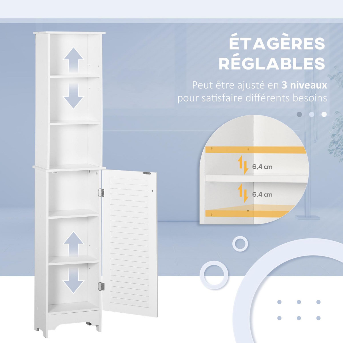 HOMCOM Meuble colonne salle de bain 3 niches placard porte persienne 3 étagères MDF panneaux de particules blanc