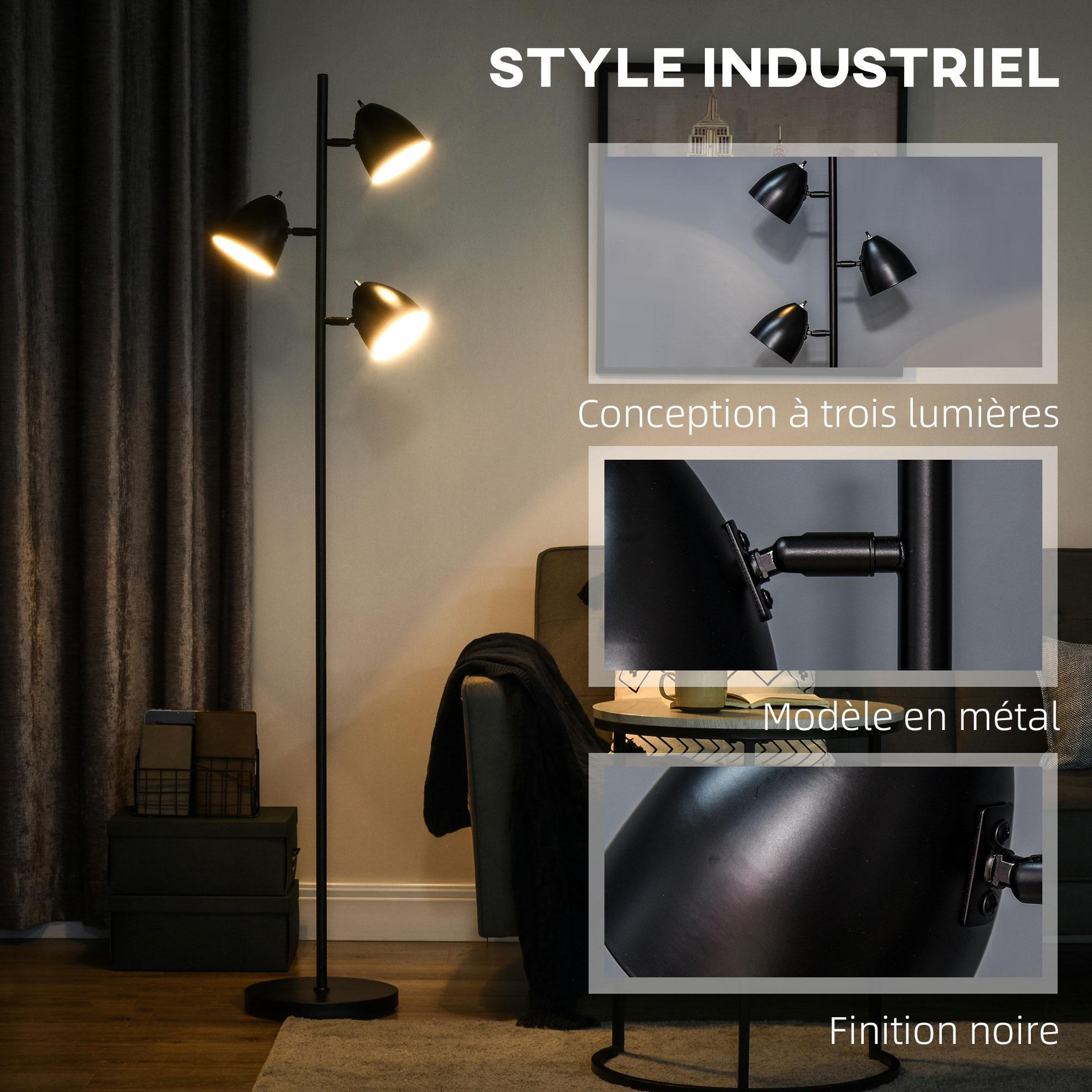 Voir la diapositive 4 : HOMCOM Lampadaire design industriel 3 ampoules max. 40 w abats-jours orientables acier noir