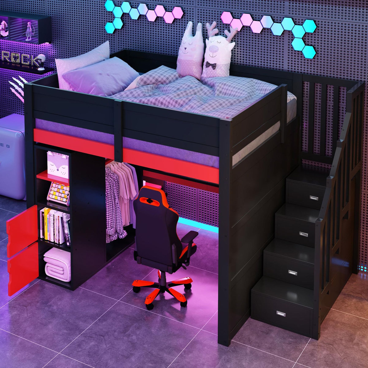 MERAX Lit combiné enfant 140x200 cm coloris noir led mdf