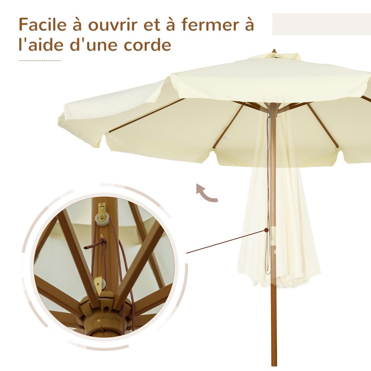 OUTSUNNY Parasol droit rond grande taille de jardin Ø 3,25 x 2,5H m bois de bambou polyester beige