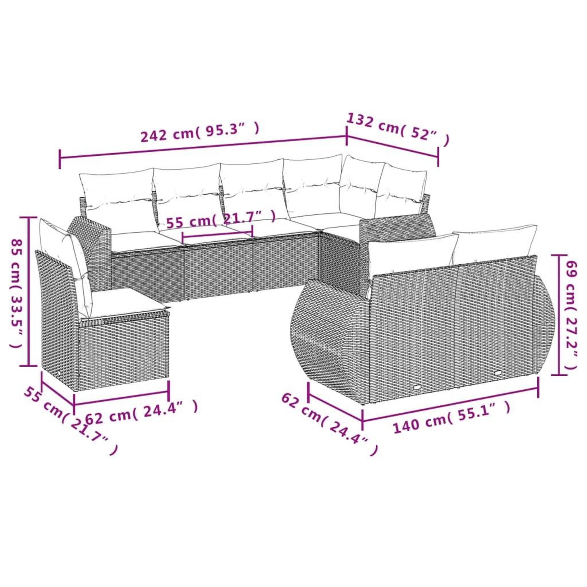 Voir la diapositive 3 : VIDAXL Salon de jardin 8 pcs avec coussins gris resine tressee