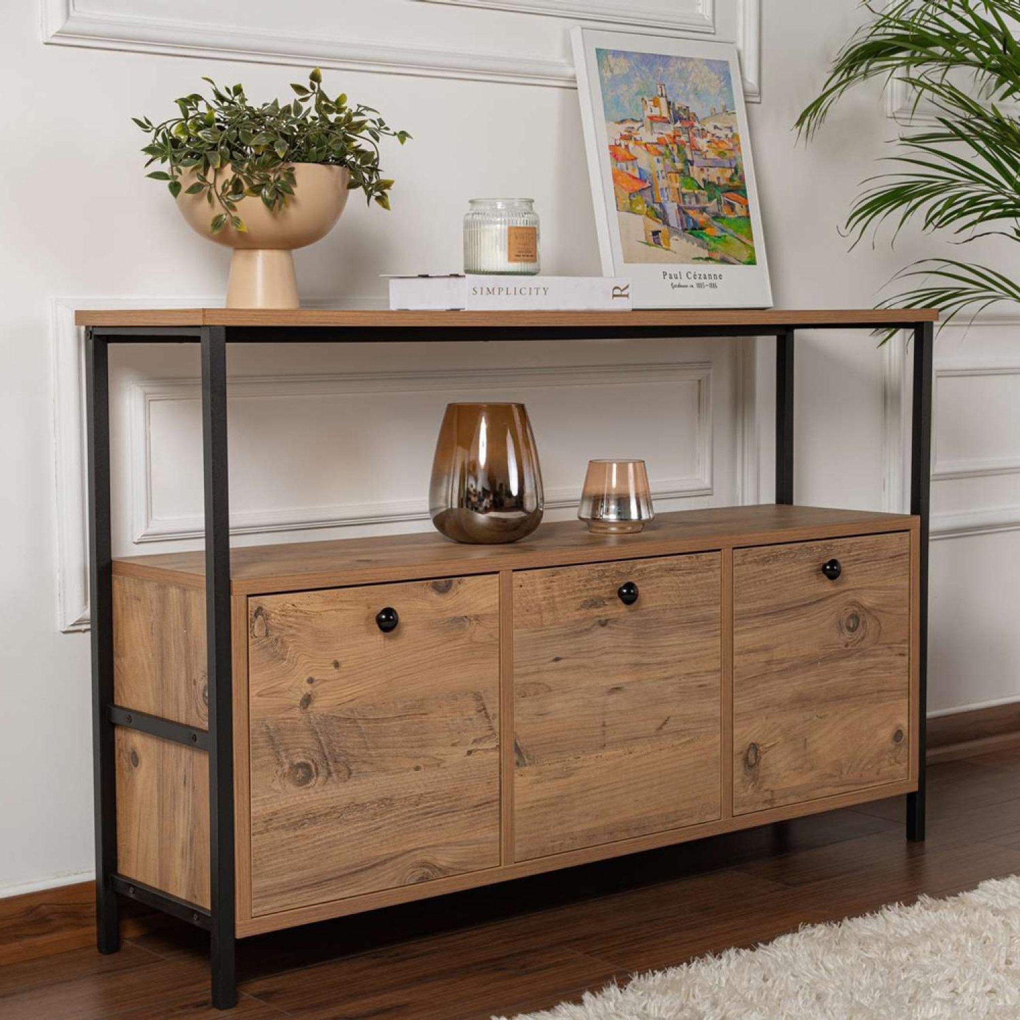 Voir la diapositive 3 : CONCEPT USINE Console avec rangements bois et métal noir 120x77cm solis