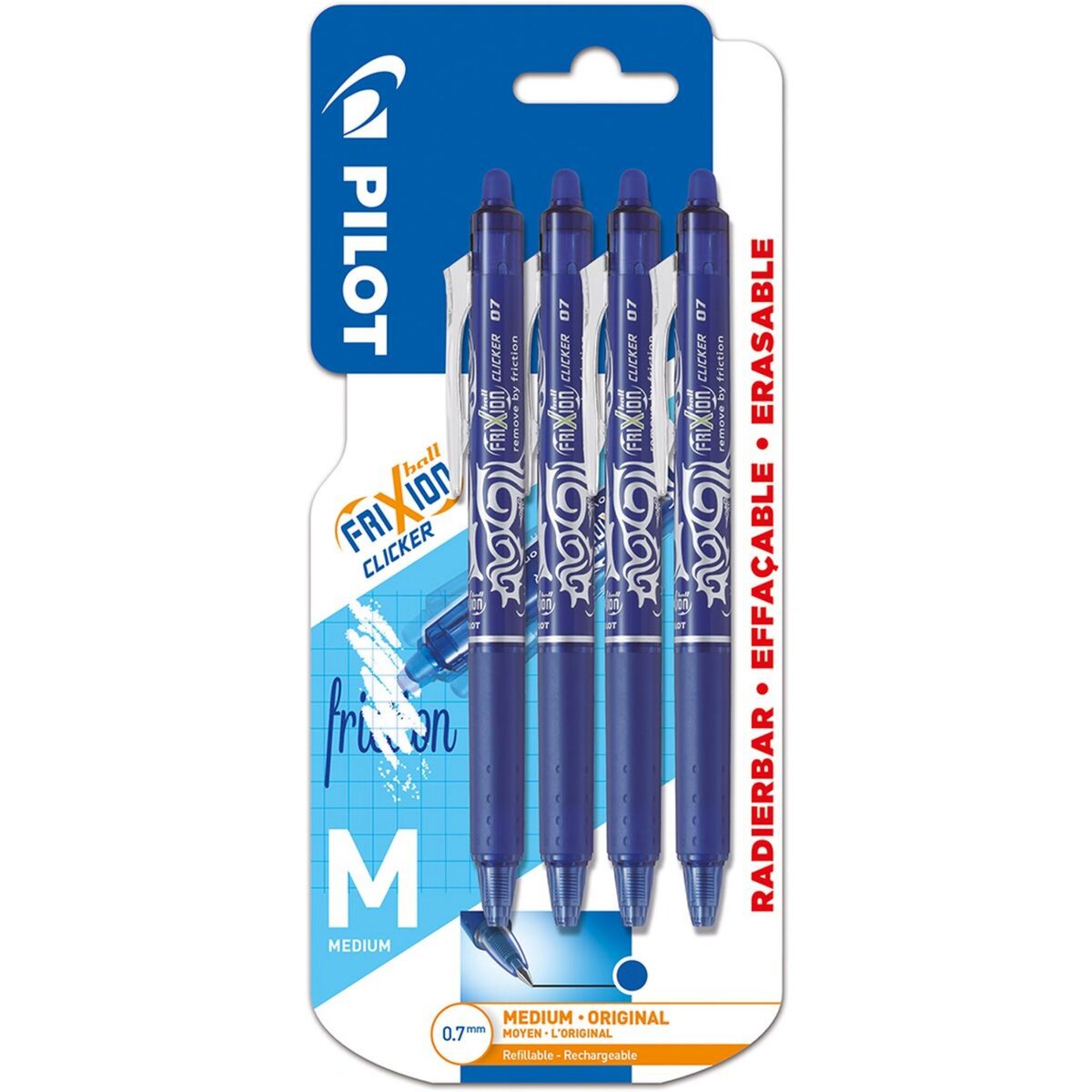 PILOT Lot de 4 stylos roller effaçables pointe moyenne FRIXION CLICKER bleu