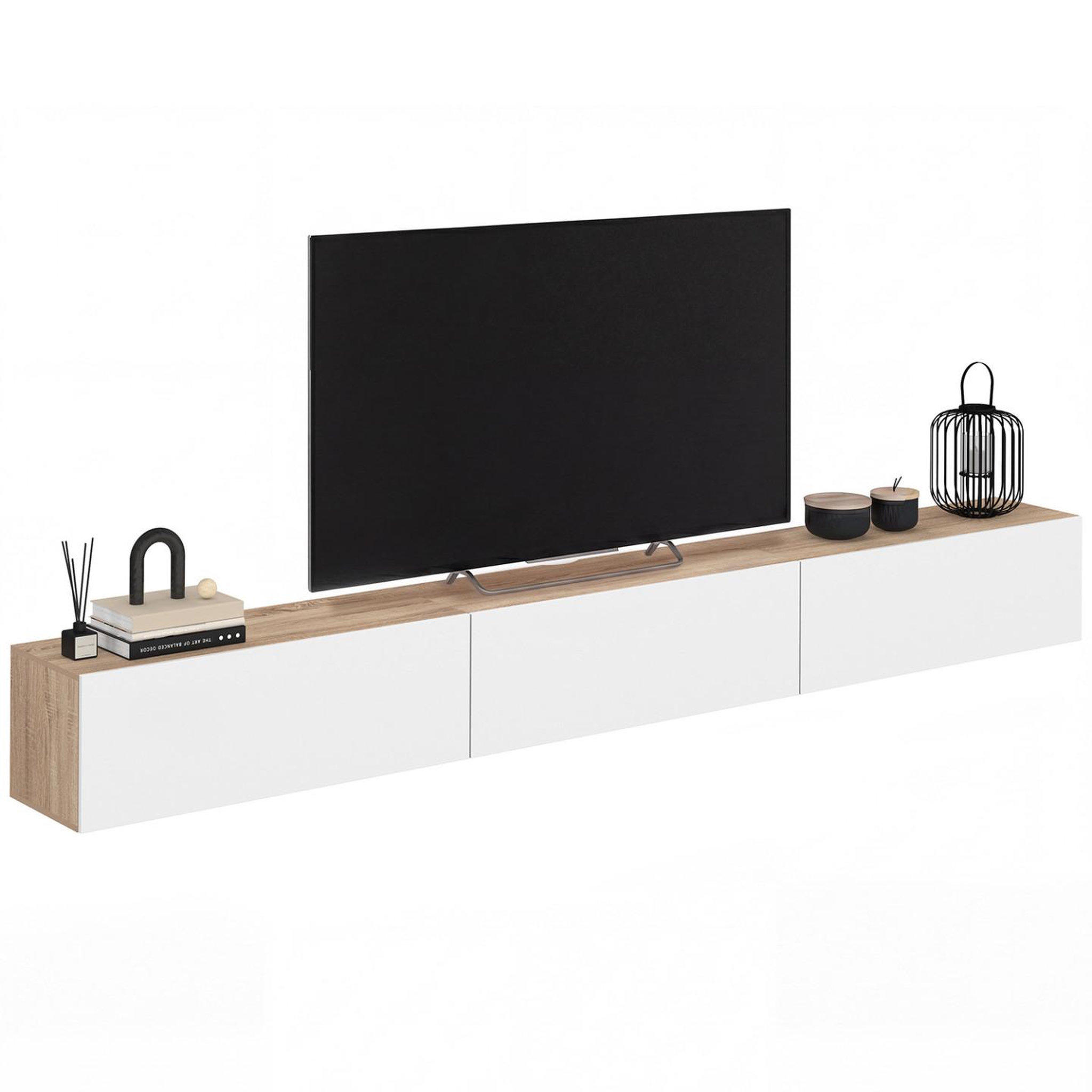 ID MARKET Meuble tv 270 cm suspendu elio 3 portes bois et blanc