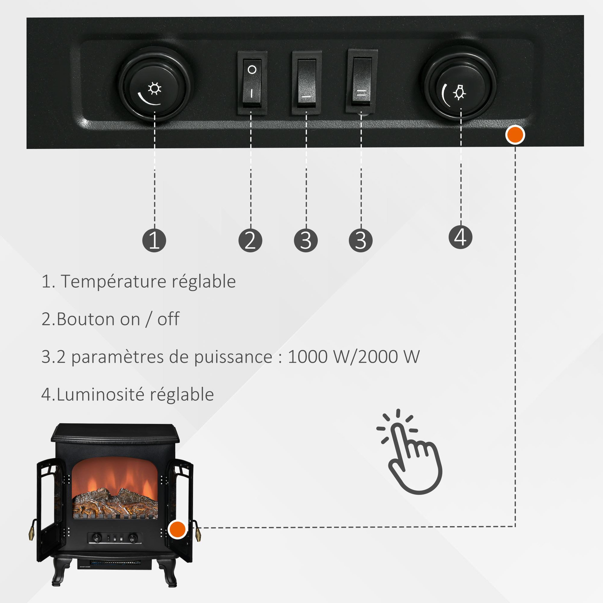 Voir la diapositive 5 : HOMCOM Cheminée électrique poêle style néo-rétro 2 portes verre trempé 1000/2000 W LED luminosité réglable acier ABS noir
