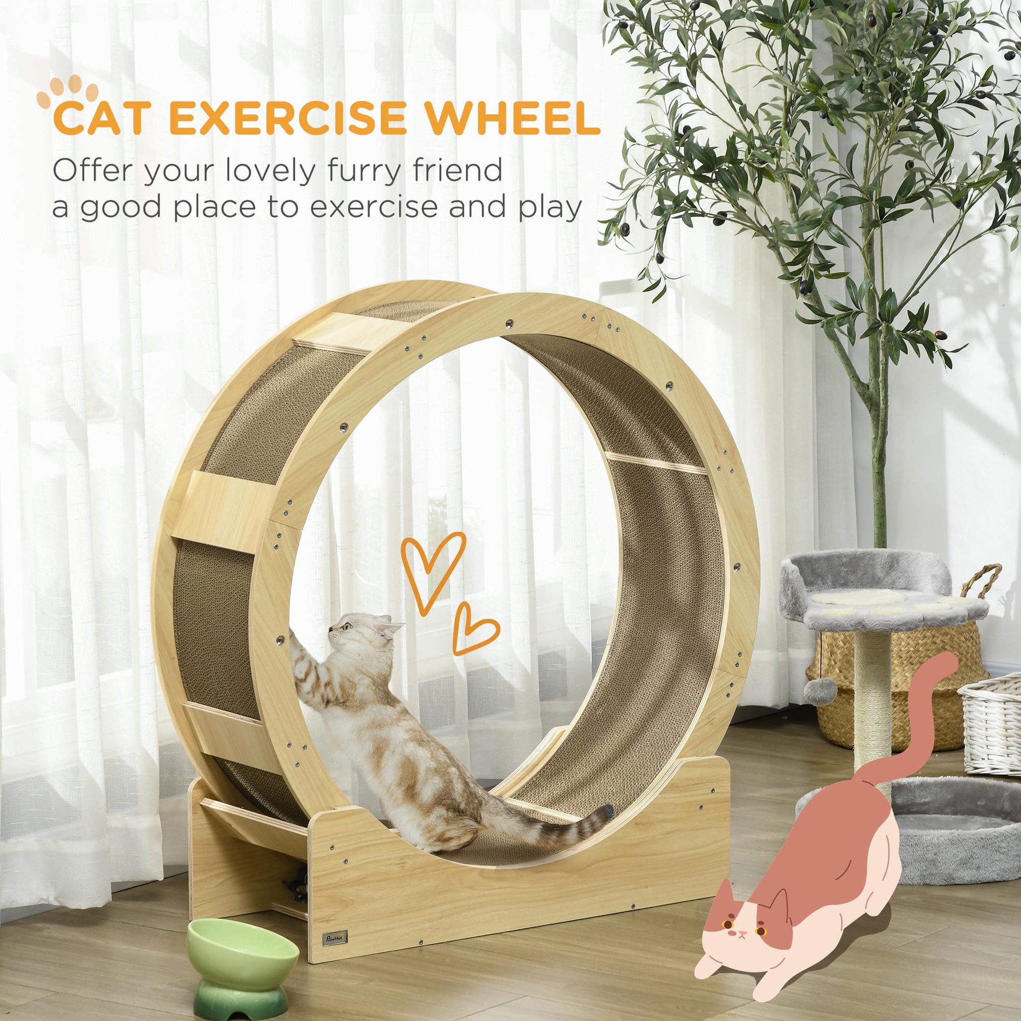 Voir la diapositive 5 : PAWHUT Roue d'exercice pour chat - frein, grattoirs - dim. 91l x 33,5p x 94h cm - aspect bois naturel