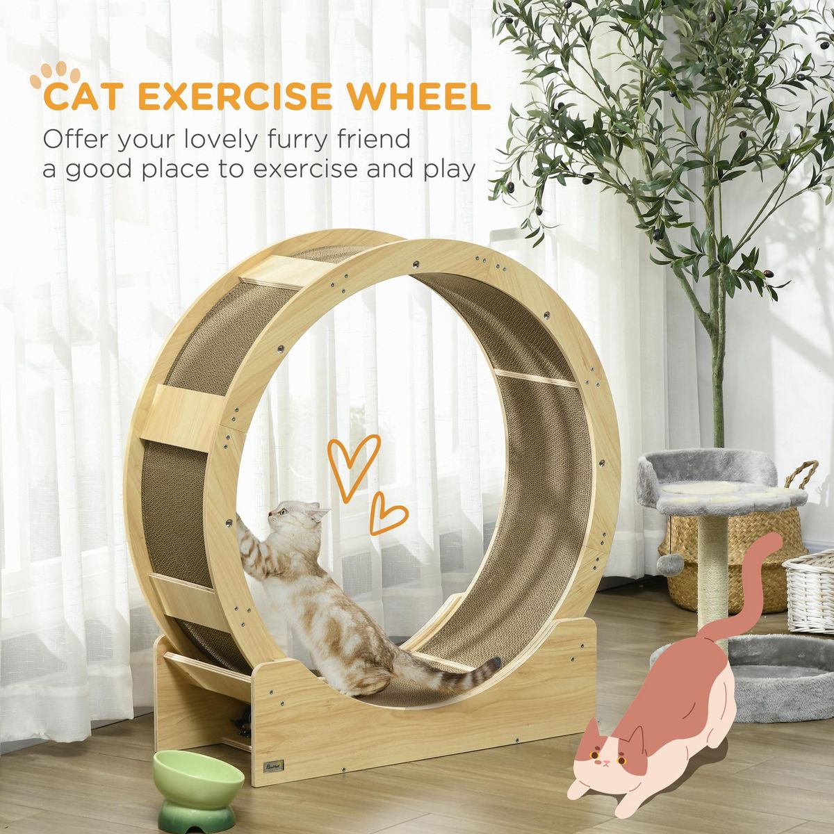PAWHUT Roue d'exercice pour chat - frein, grattoirs - dim. 91L x 33,5P x 94H cm - aspect bois naturel