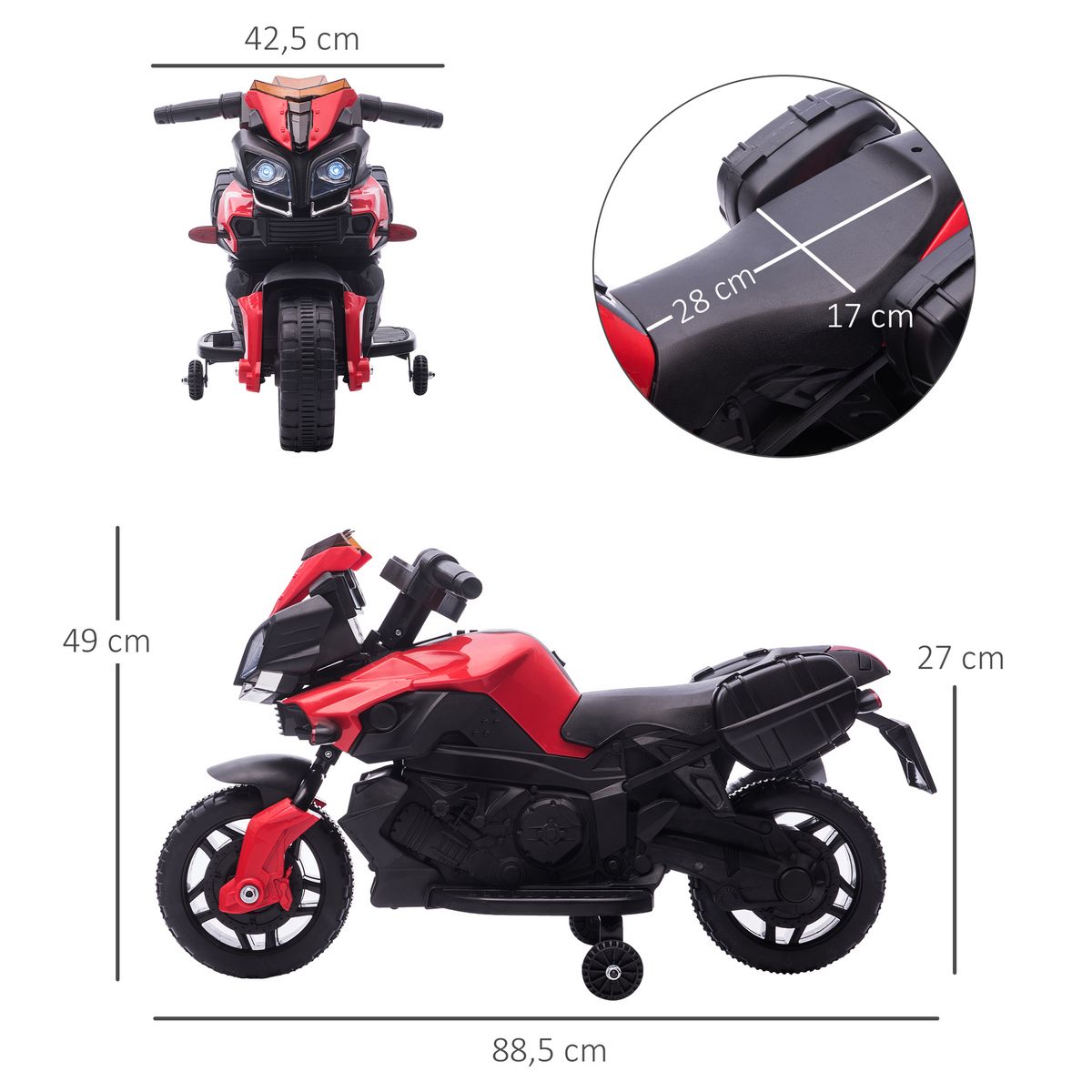 HOMCOM Moto électrique enfant 6 V 3 Km/h effet lumineux et sonore roulettes amovibles repose-pied valises latérales métal PP rouge noir