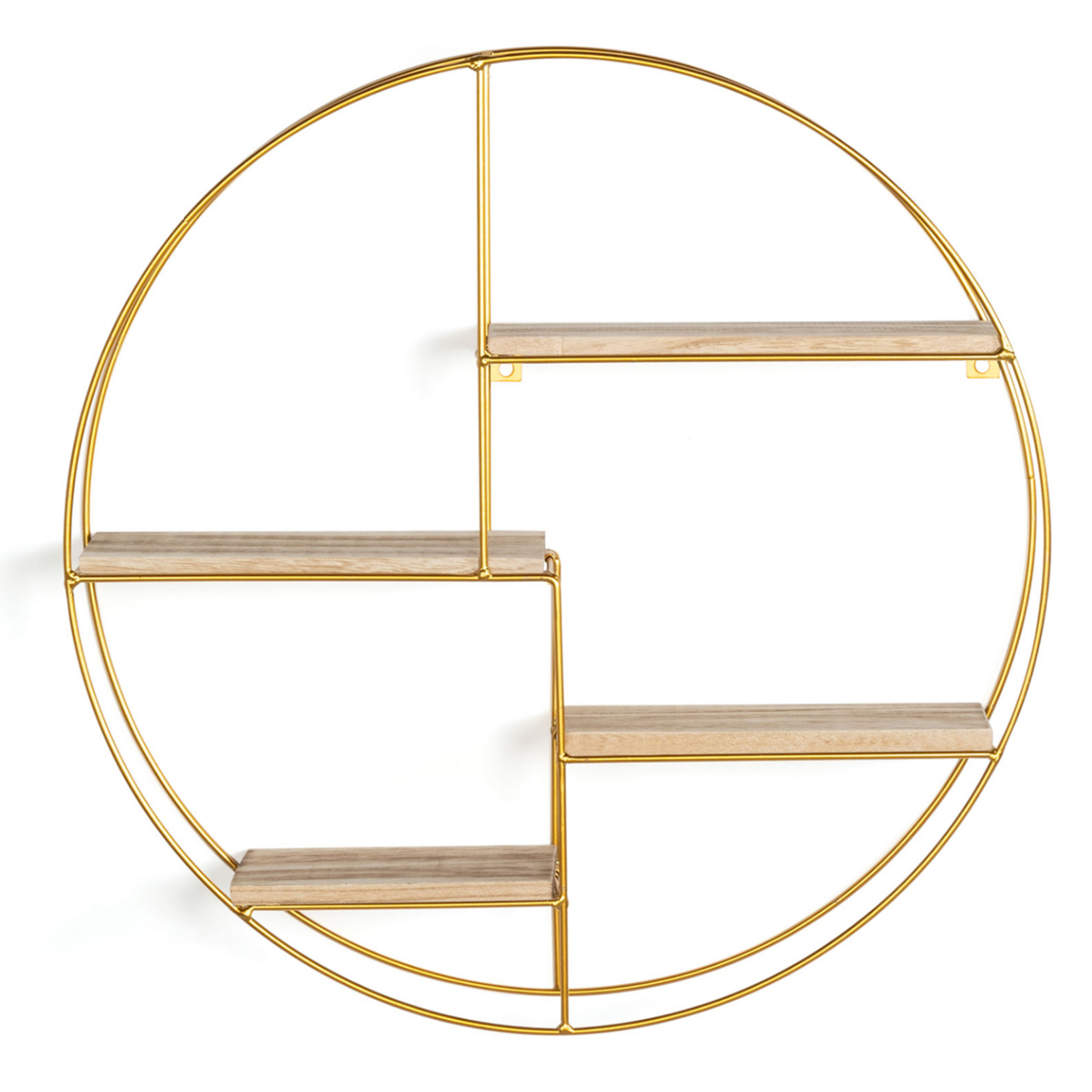 ID MARKET Etagère murale ronde LILY 4 niveaux bois et métal doré design industriel