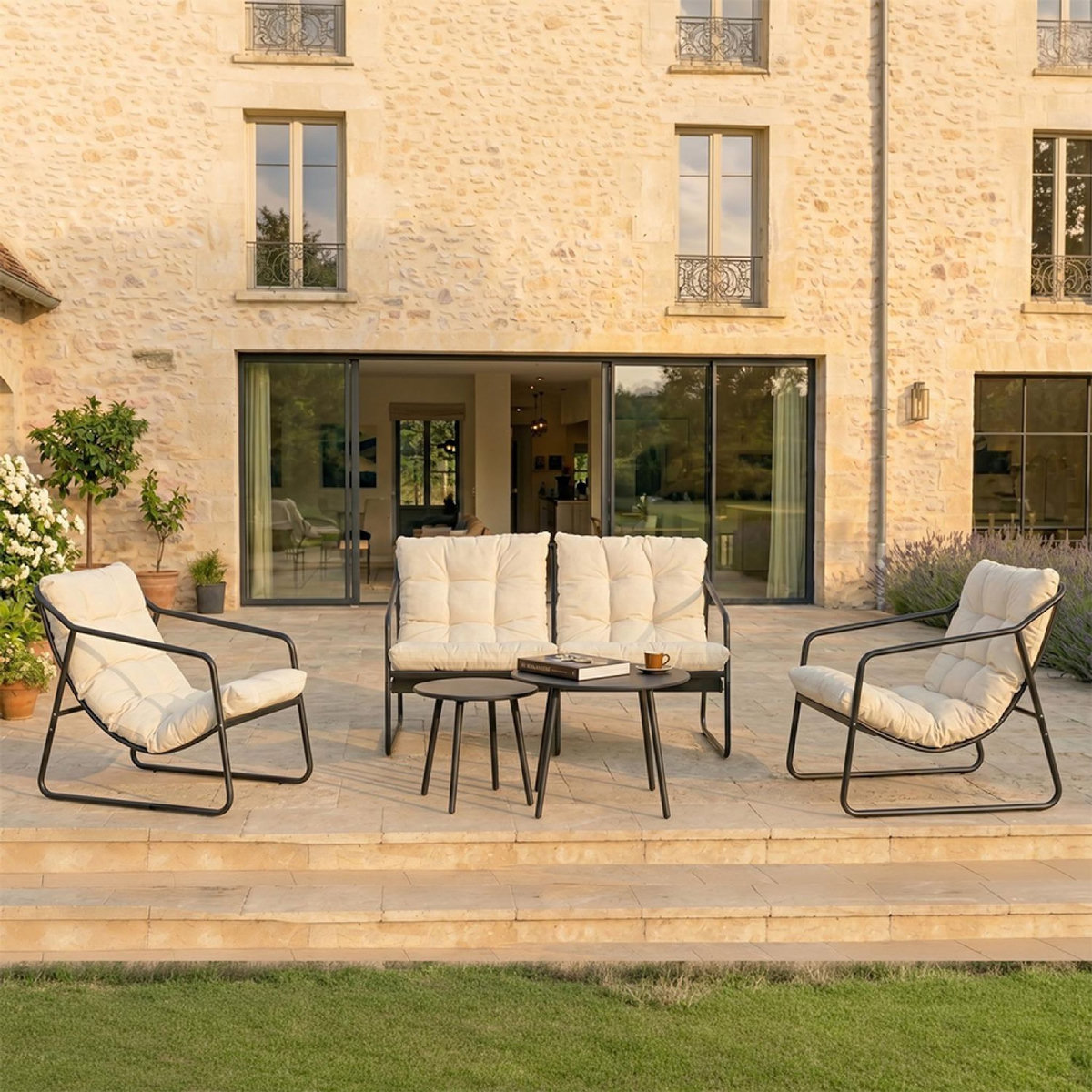 CONCEPT USINE Salon de jardin 4 places gris et beige avec tables basses ATRANI