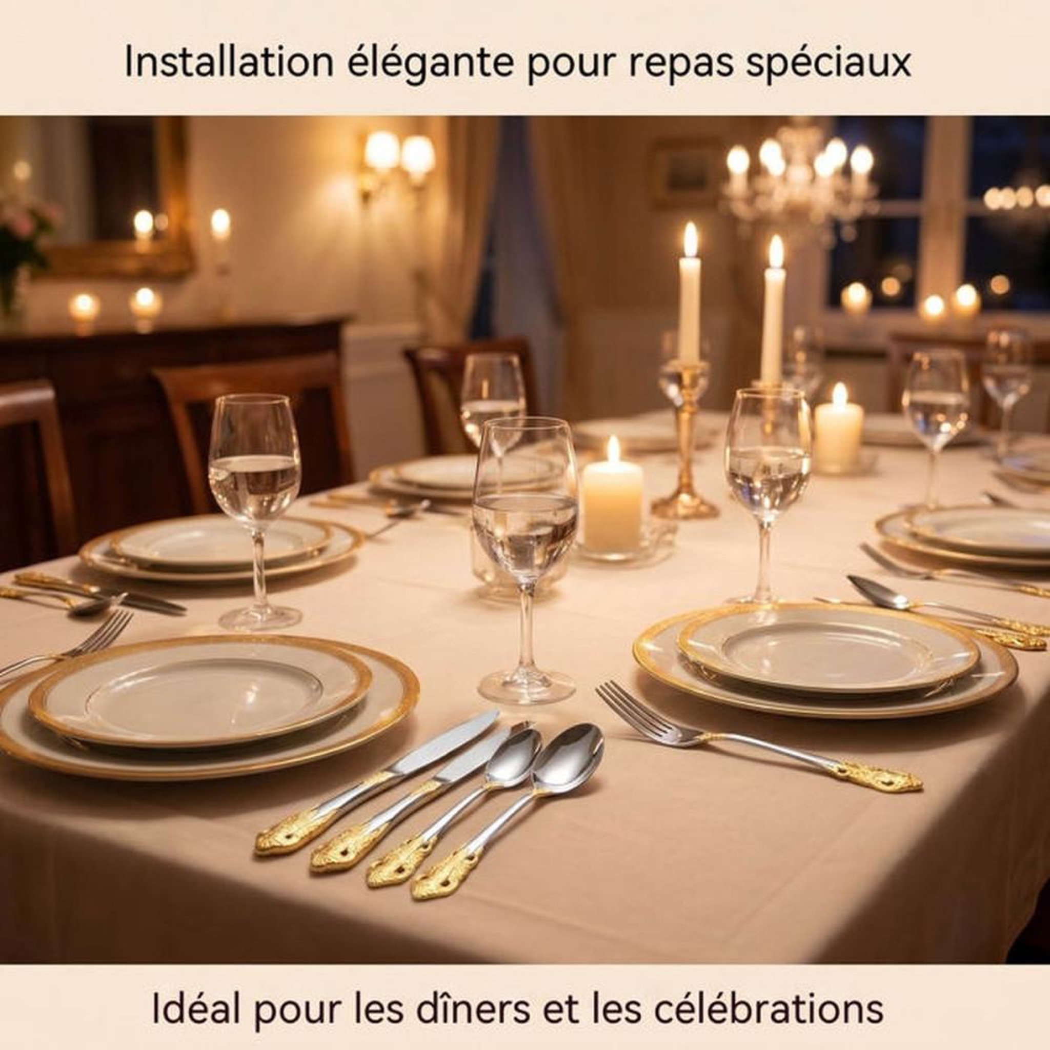 Voir la diapositive 6 : Coffret de couverts vintage impérial 24 pièces en acier inox, finitions dorées et reliefs gravés