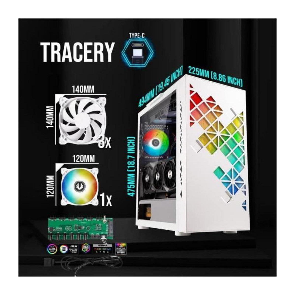 BitFenix Boitier PC sans alimentation - BITFENIX Tracery ARGB (Blanc) - Moyen tour - Format E-ATX