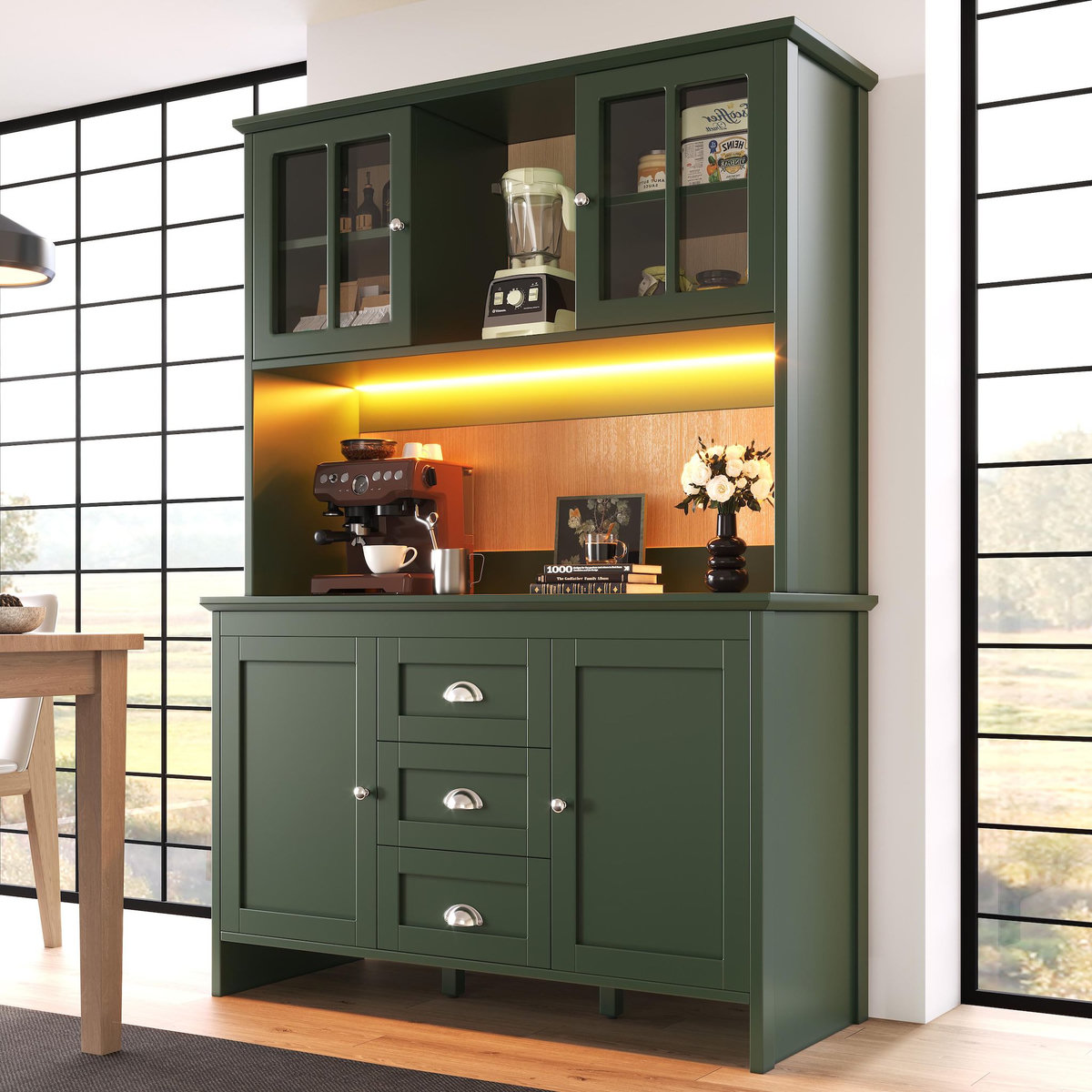 MERAX Buffet de cuisine 4 portes 3 tiroirs - 120 cm vert led mdf
