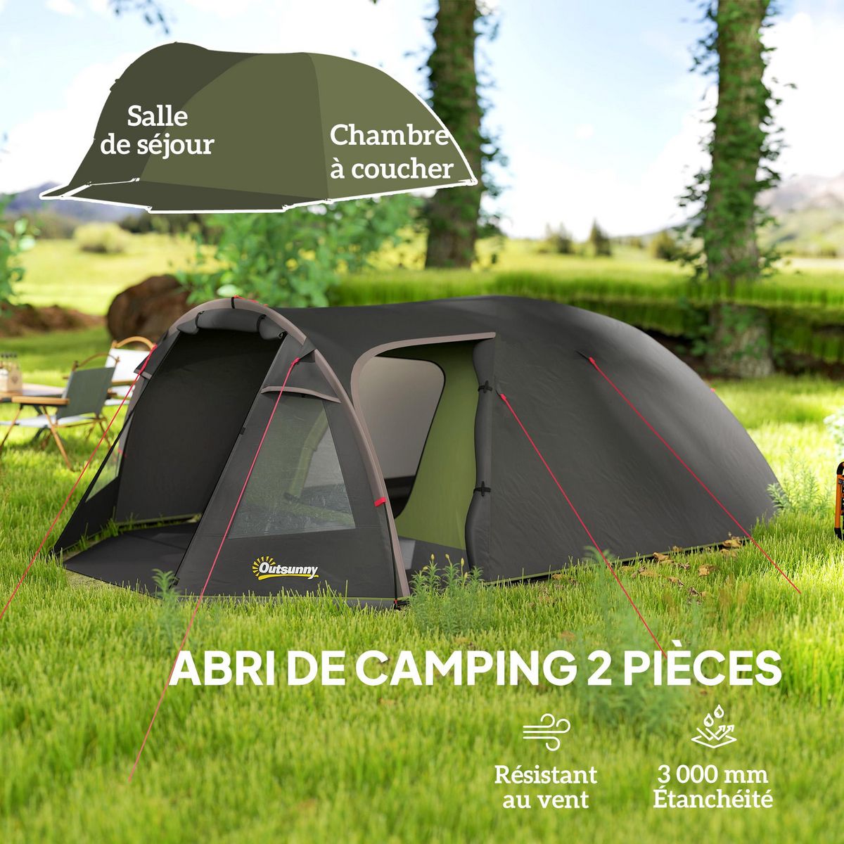 OUTSUNNY Tente camping 2-4 places - tente tunnel familiale - imperméabilité 3000mm - dim. 3,6 x 2,5 x 1,3 m - sac inclus - noir