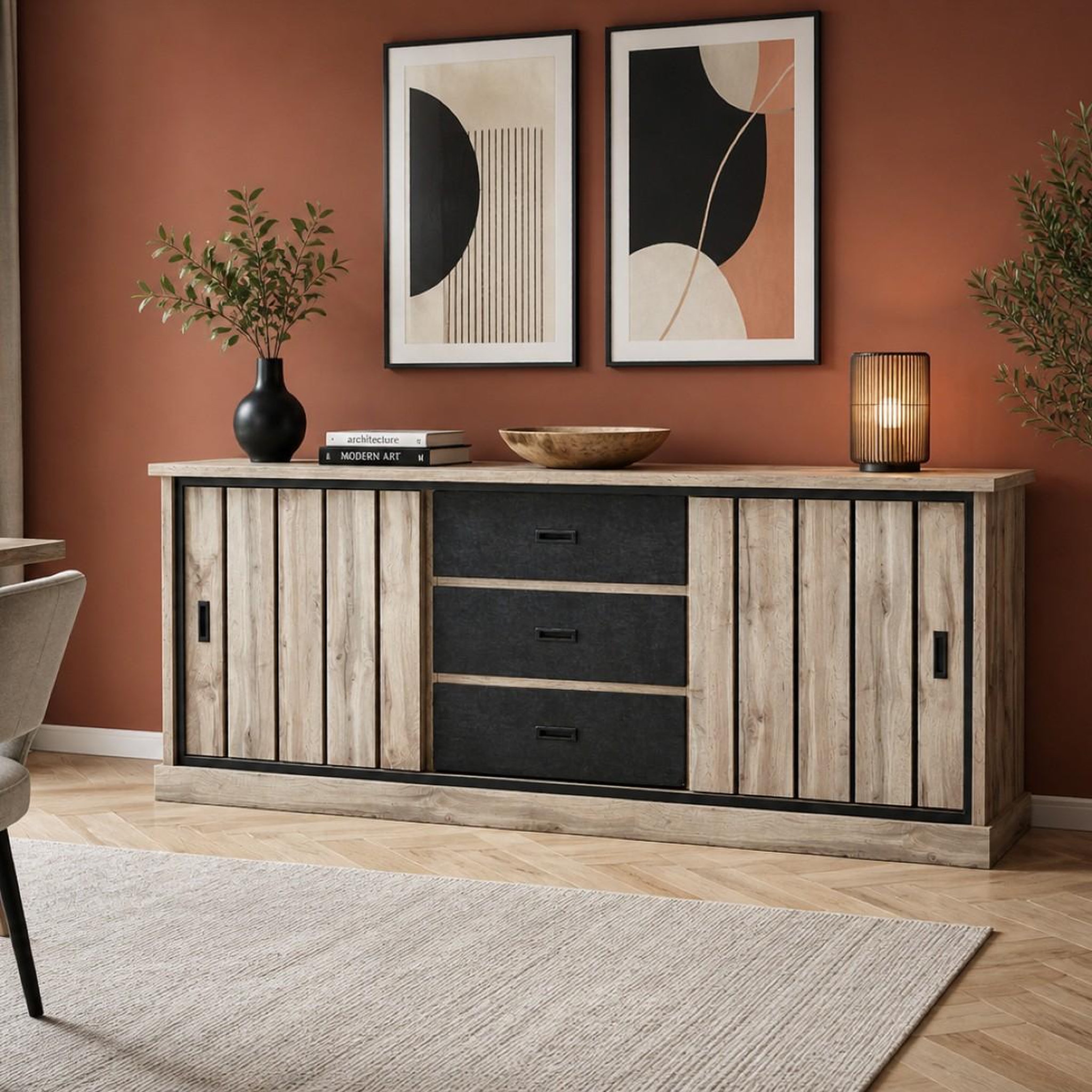Voir la diapositive 2 : JLC KREATION Buffet bas moderne chêne gris 2 portes coulissantes ALICIA