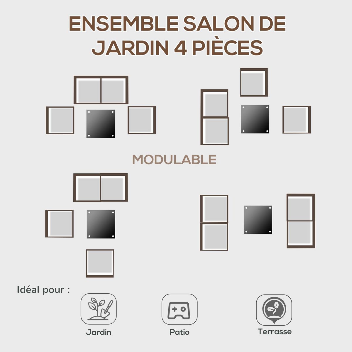 OUTSUNNY Ensemble salon de jardin 4 places 4 pièces design style yachting coussins déhoussables inclus table basse métal époxy résine tressée anthracite